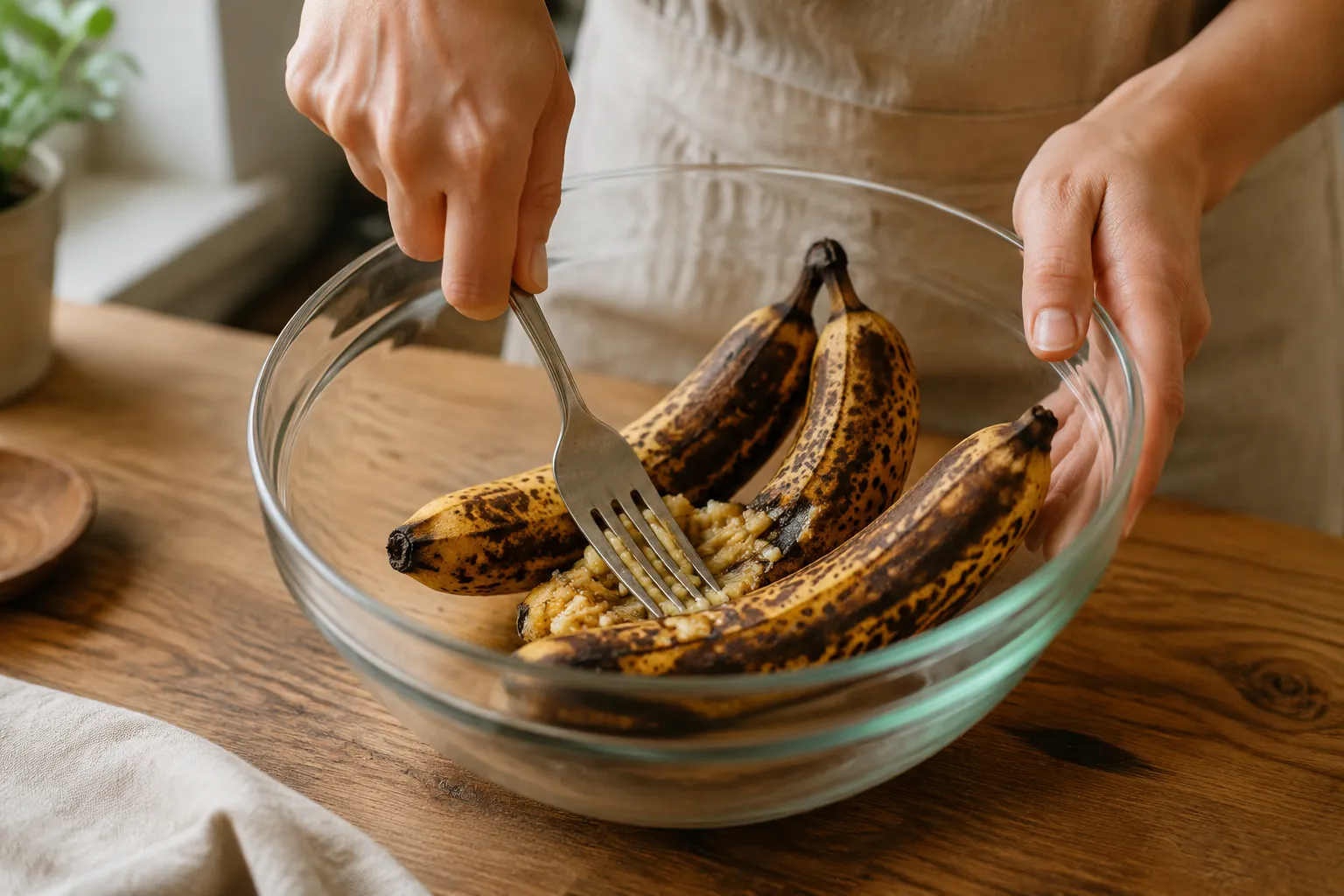 Mashing ripe bananas for gluten free banana bread batter in a glass bowl