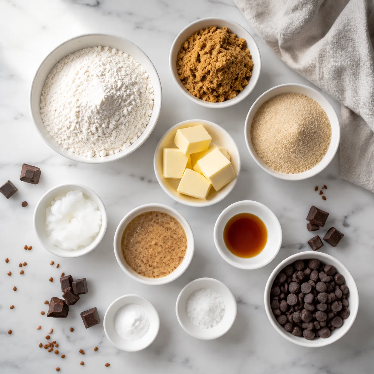 Vegan cookie recipe ingredients flatlay on marble