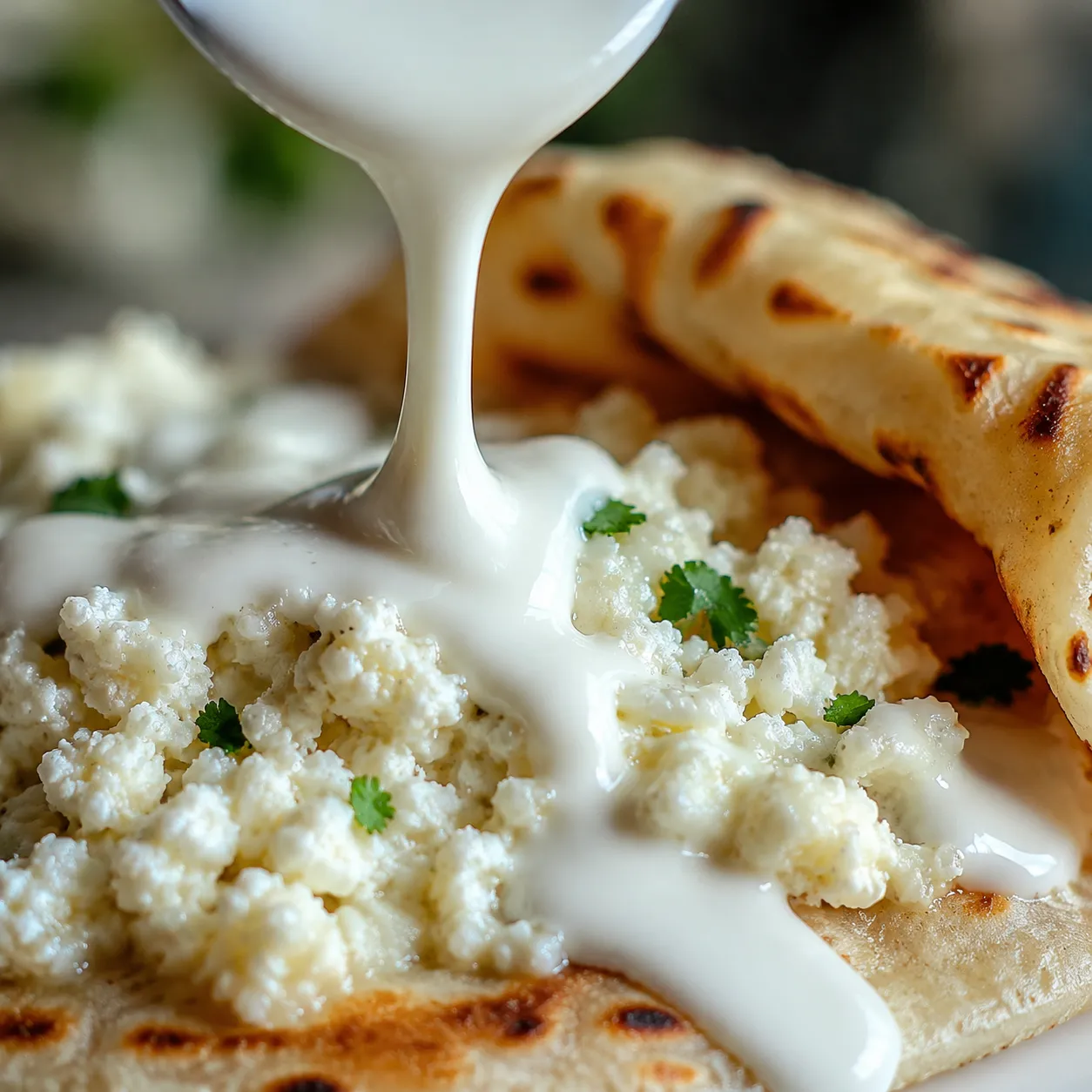 Close up of crema drizzled over a baleada with crumbled queso