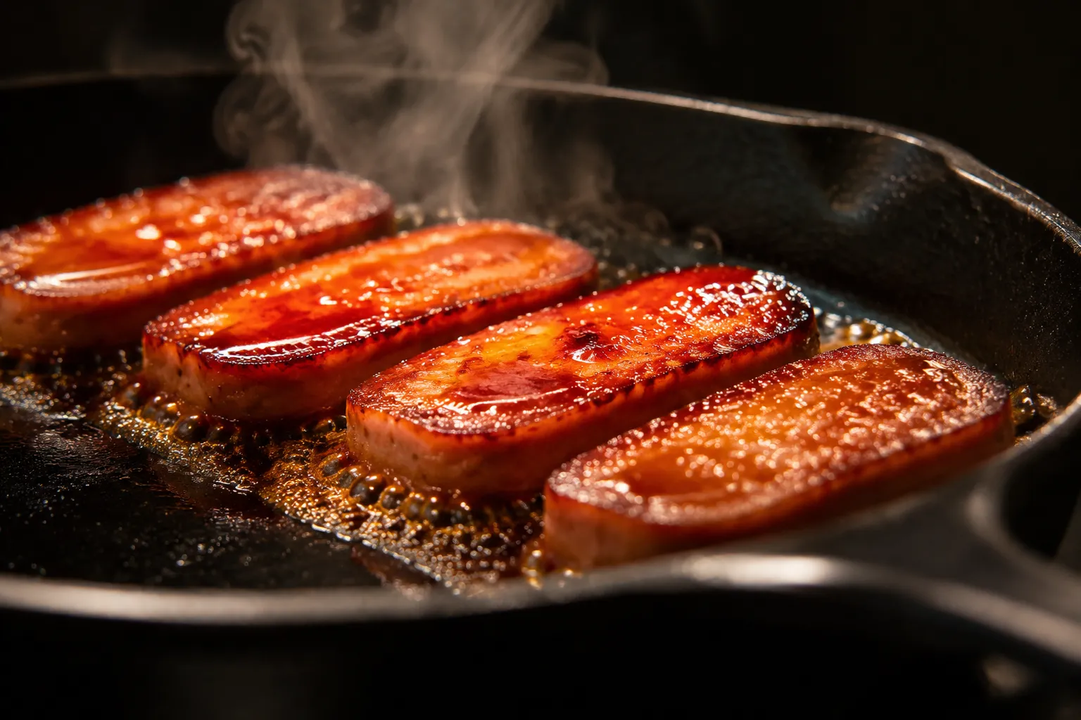 Spam slices caramelizing in teriyaki glaze for musubi