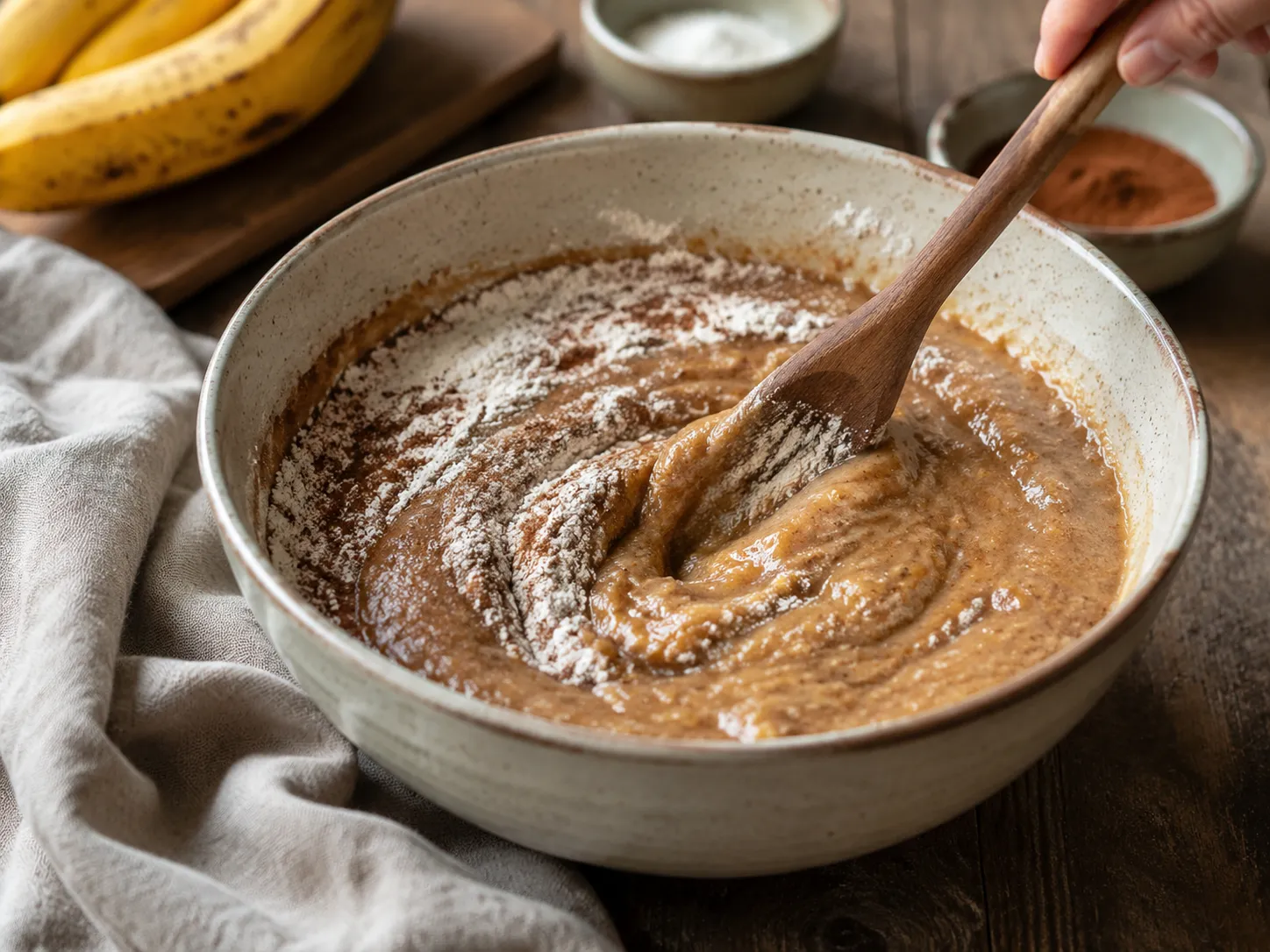 Mixing gluten free banana bread batter in one bowl with a wooden spoon