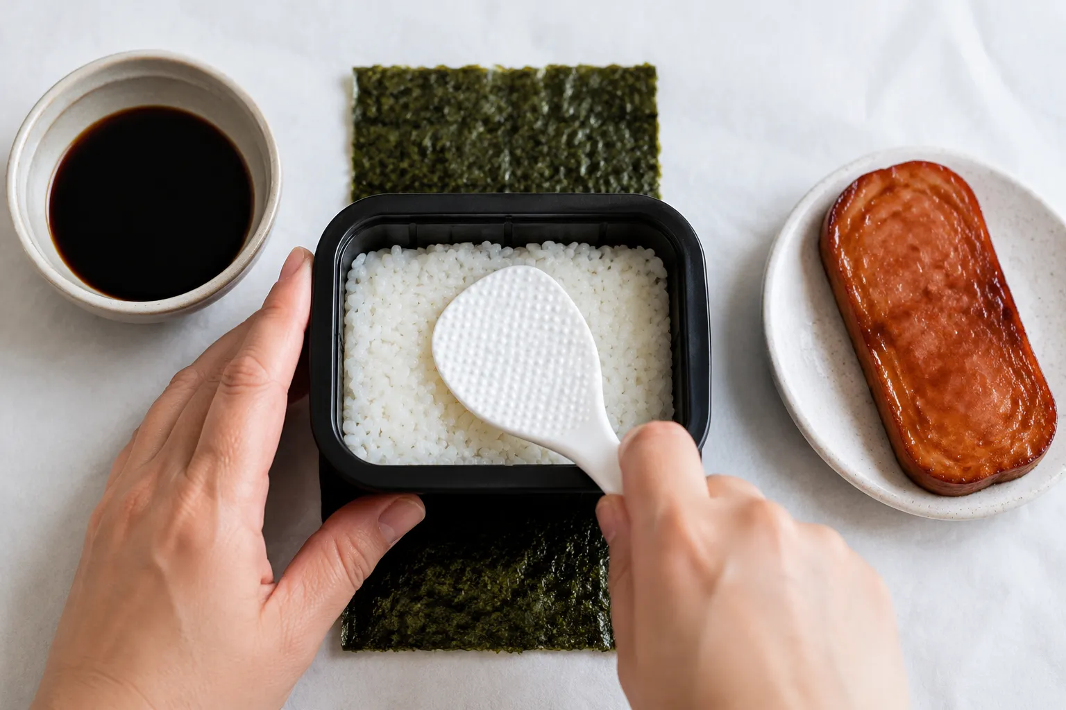 Pressing sushi rice into a musubi mold over nori
