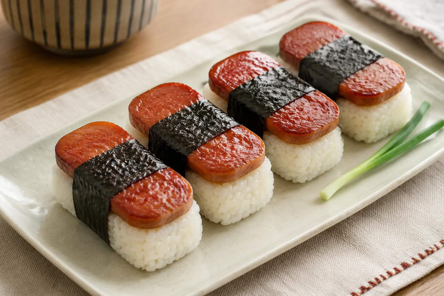 Finished spam musubi recipe lined up on a ceramic plate