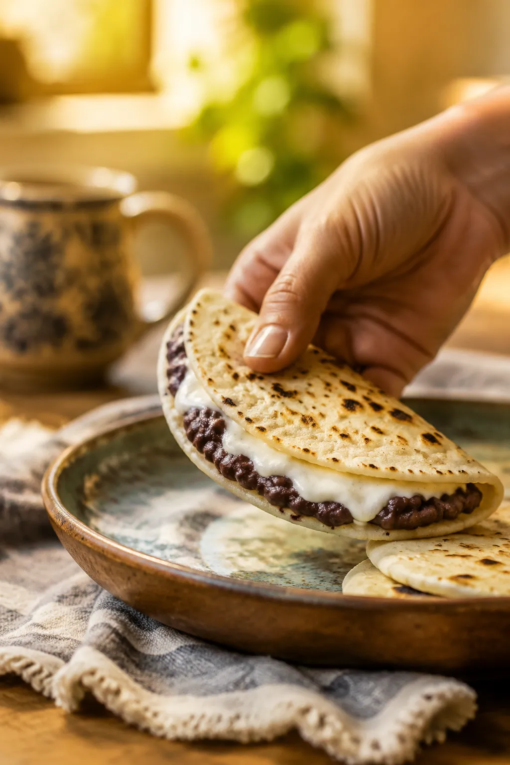 Hand lifting a folded baleada showing beans crema and cheese inside