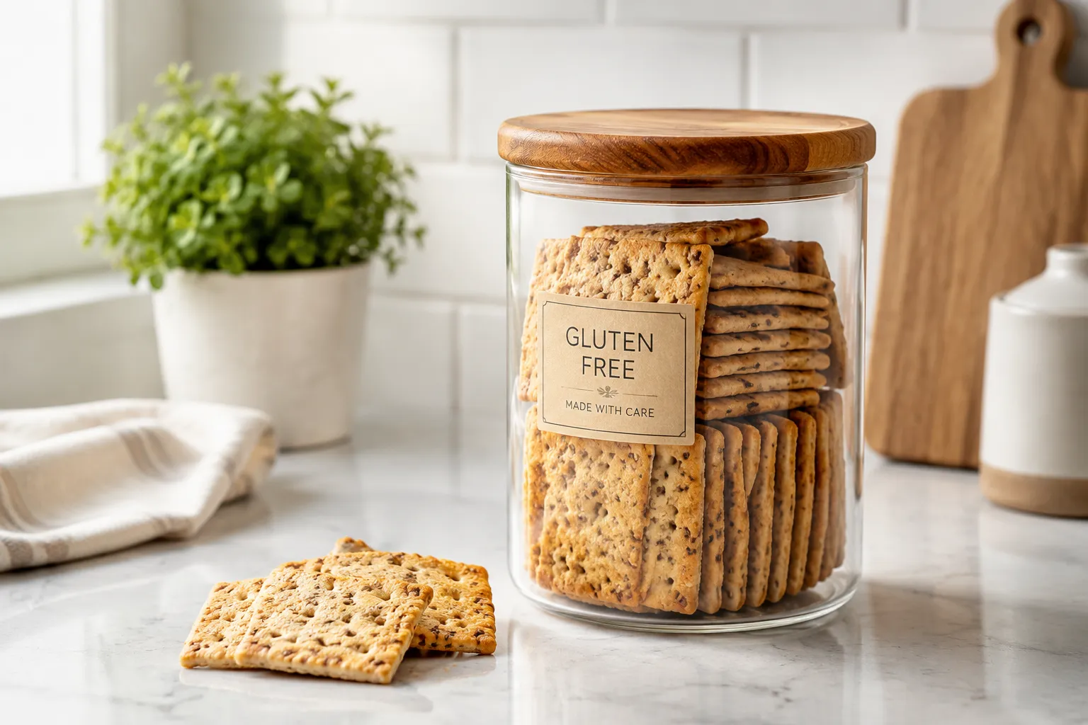 Storing homemade gluten free crackers in a glass jar to stay crisp
