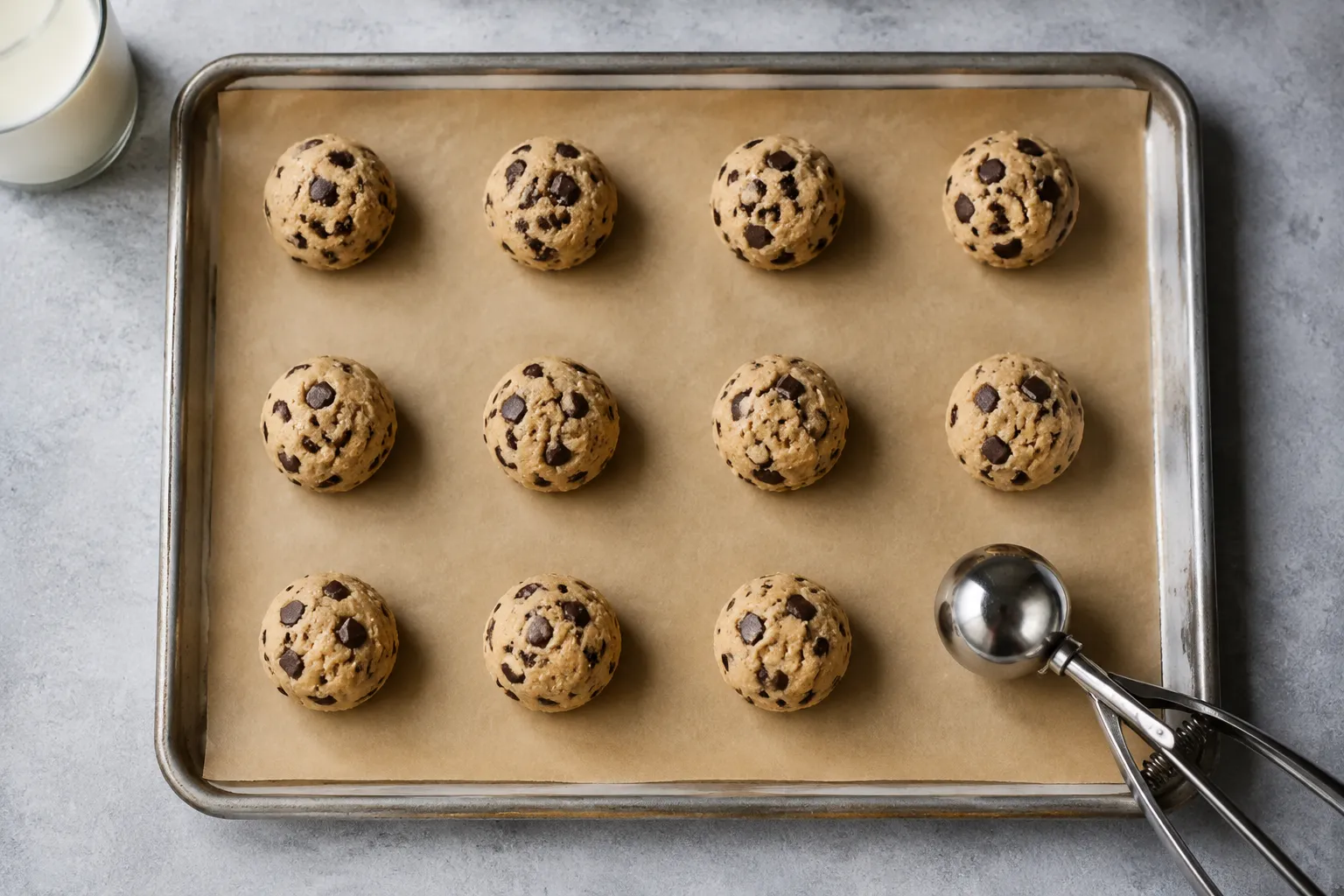 Vegan cookie dough balls scooped on a baking sheet