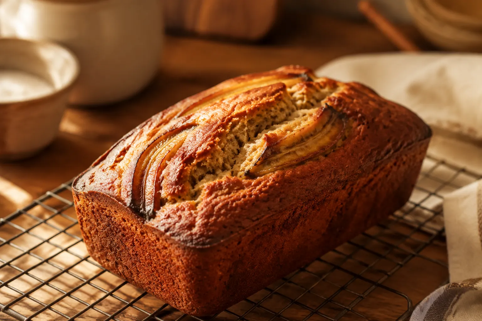 Whole baked gluten free banana loaf cooling on a wire rack