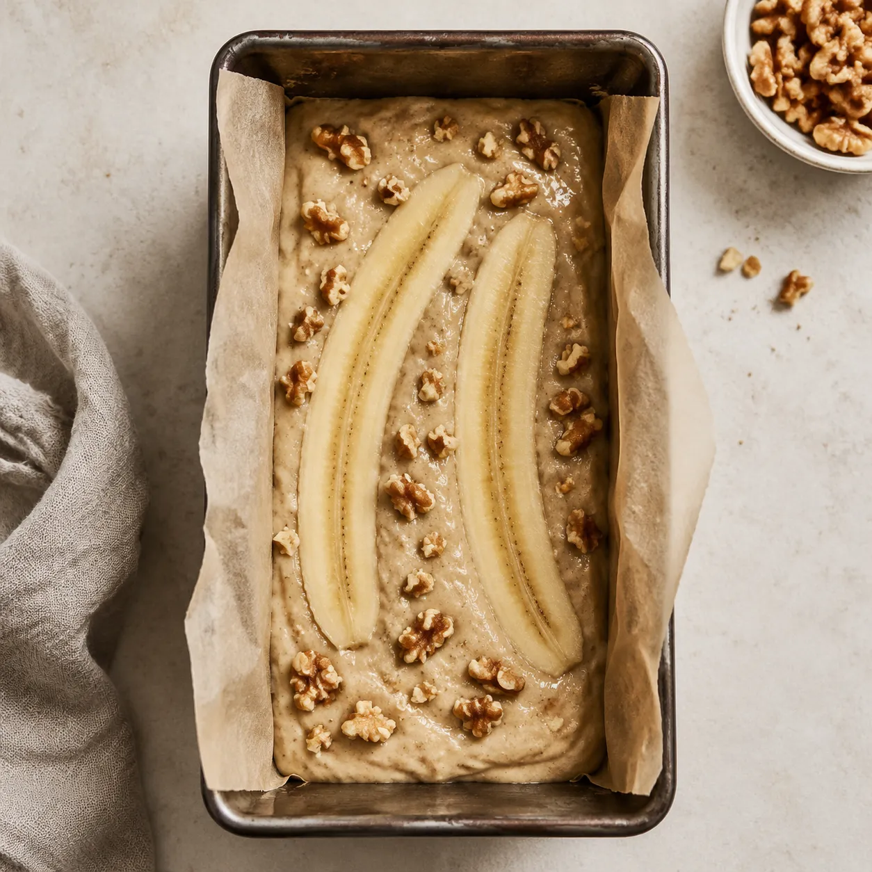 Gluten free banana bread batter in loaf pan topped with banana halves