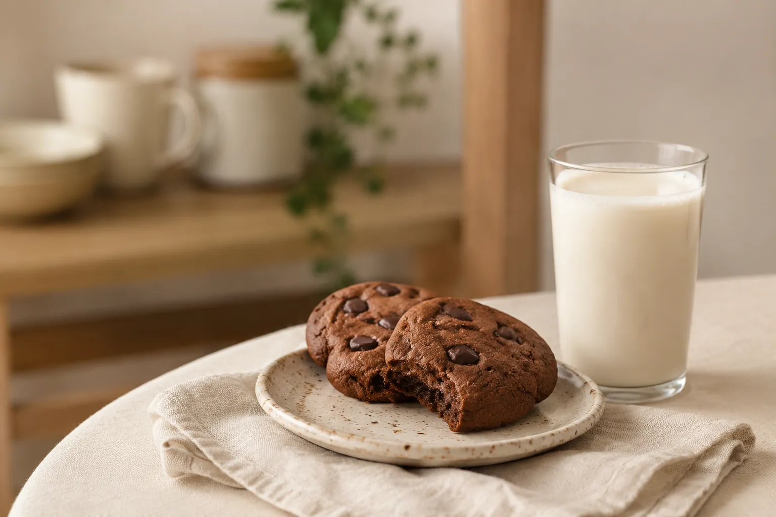 Plated vegan cookies served with oat milk