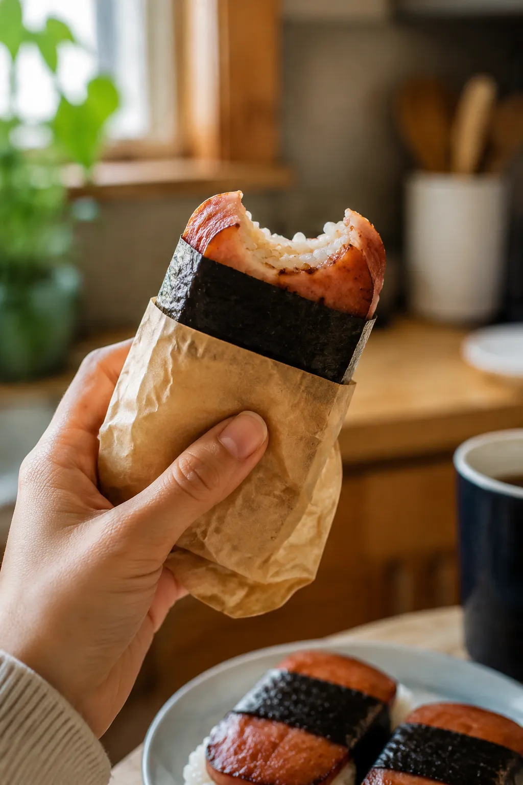 Hand holding a spam musubi wrapped in parchment
