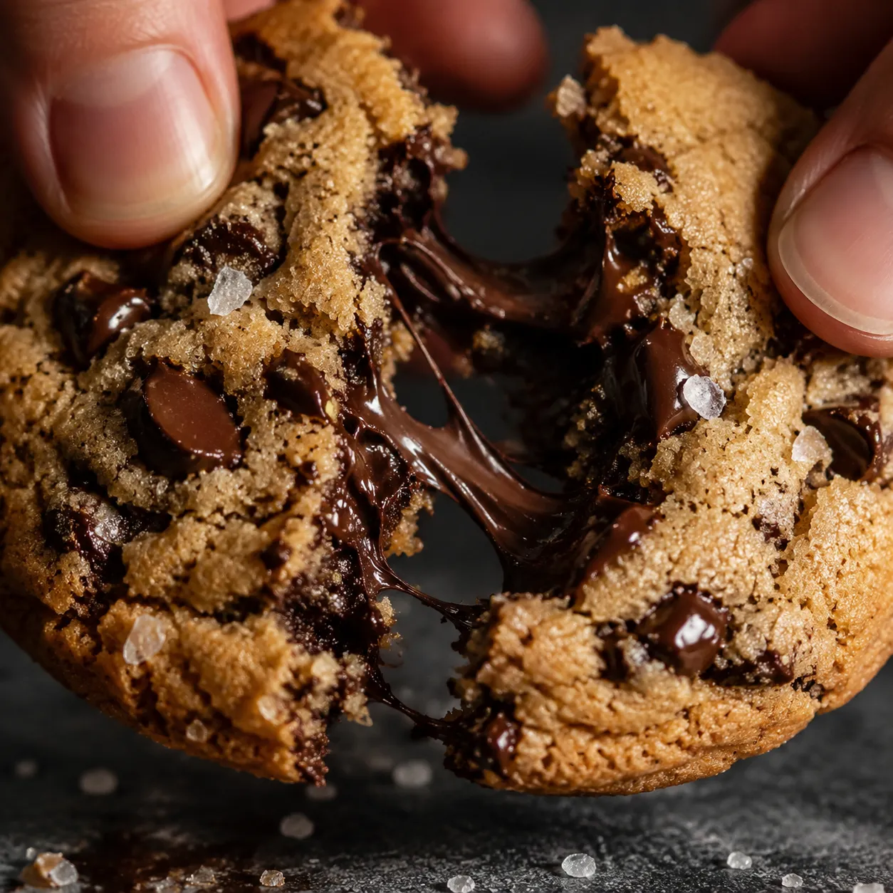 Macro close-up of chewy vegan cookie with chocolate pull