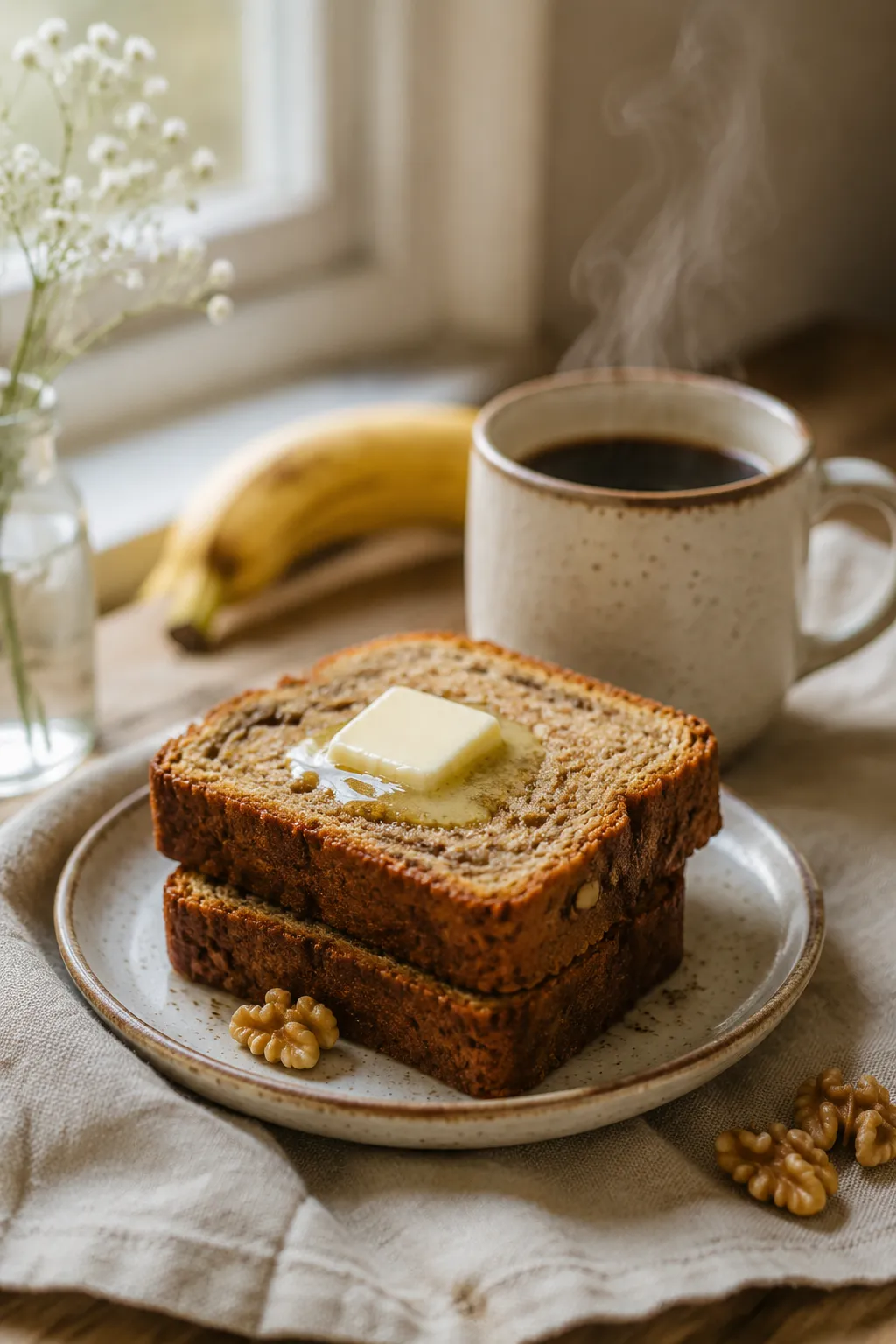 Gluten free banana bread slices with melting butter served with coffee