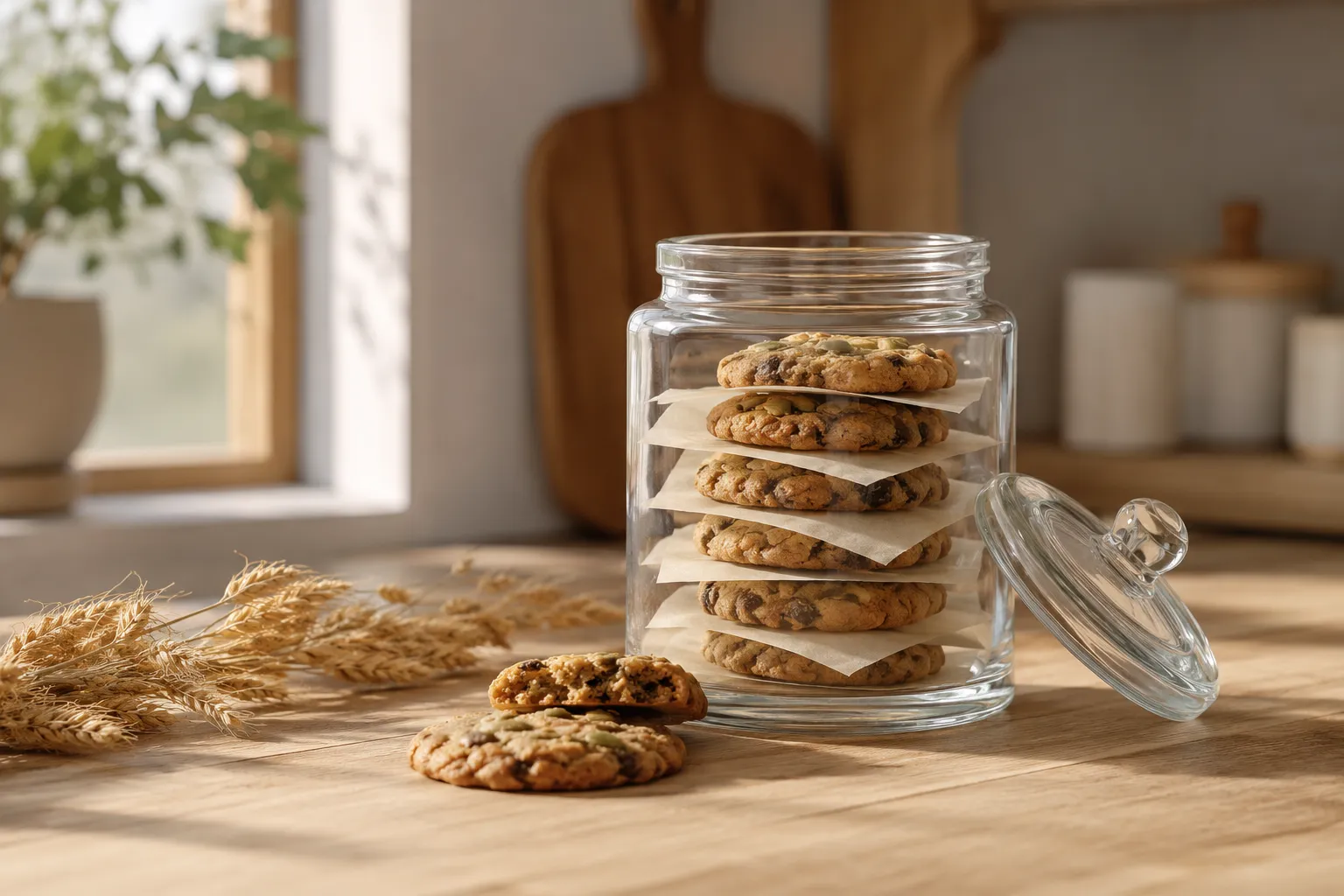 Storing vegan cookies in a glass jar with parchment