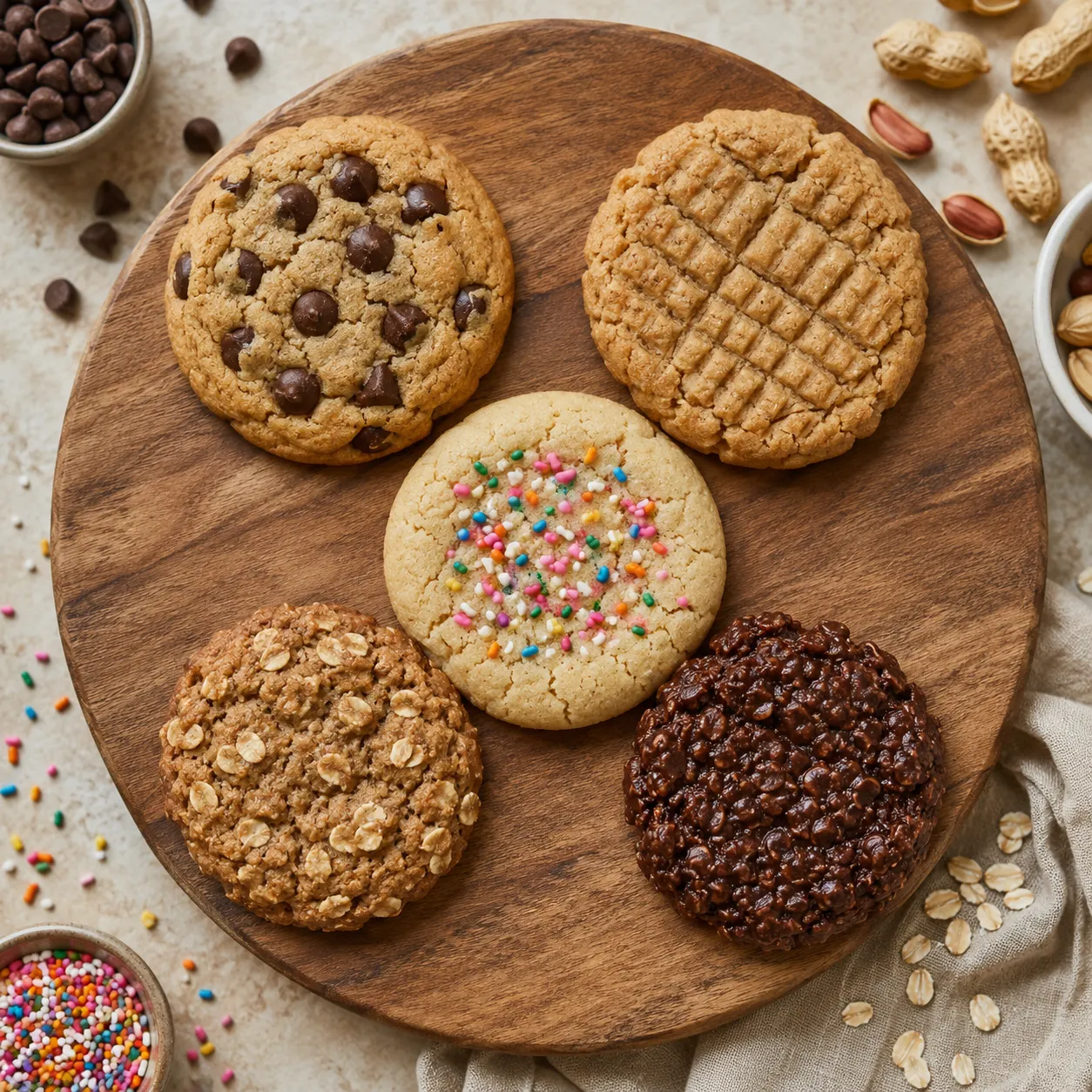 Five vegan cookie recipes variations on a serving board