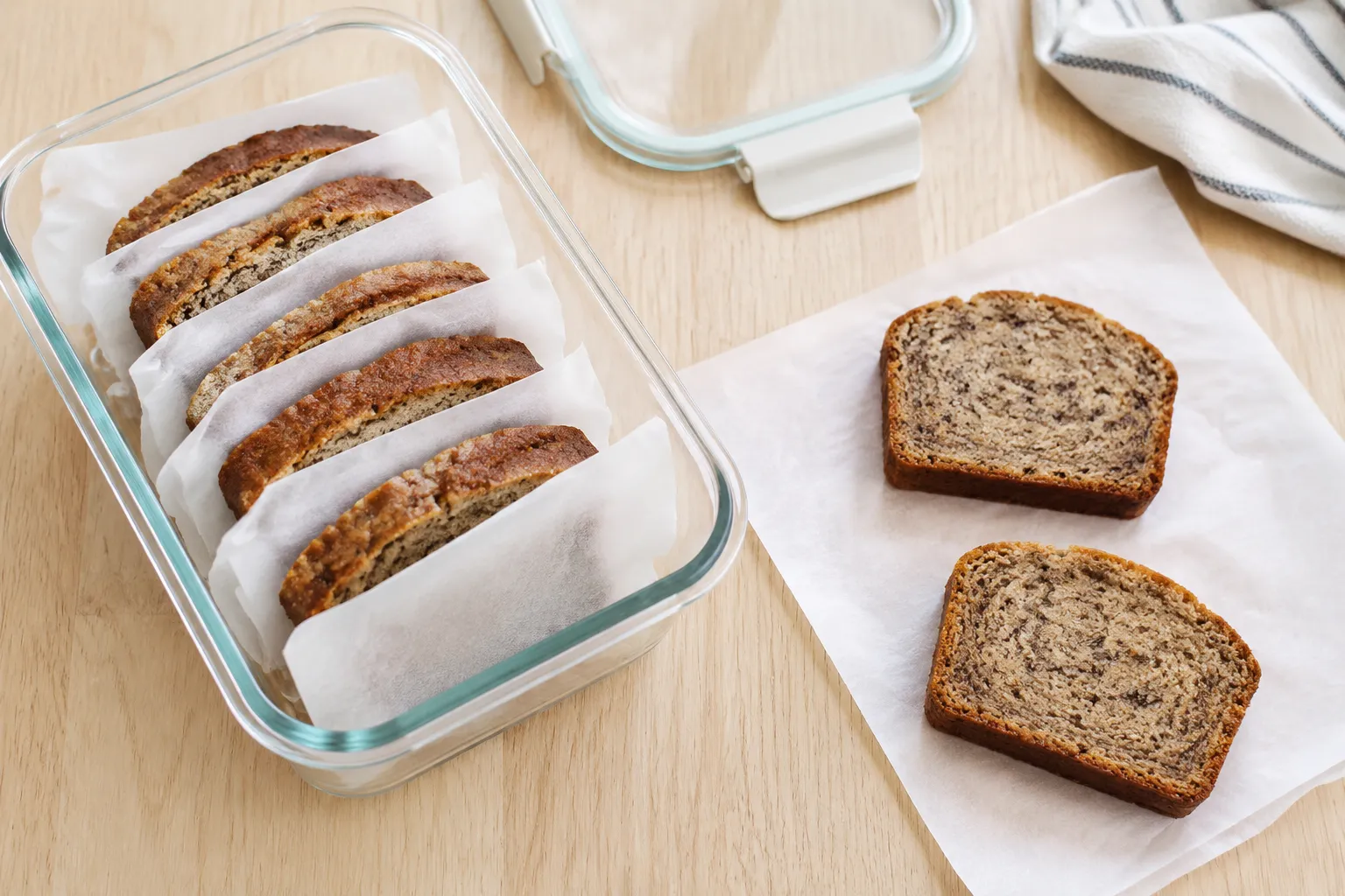 How to store and freeze gluten free banana bread slices in parchment