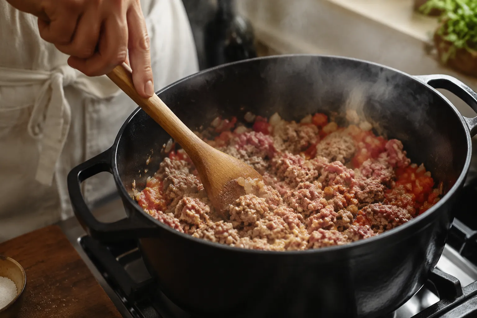 Browning ground turkey with onions and peppers for turkey chili