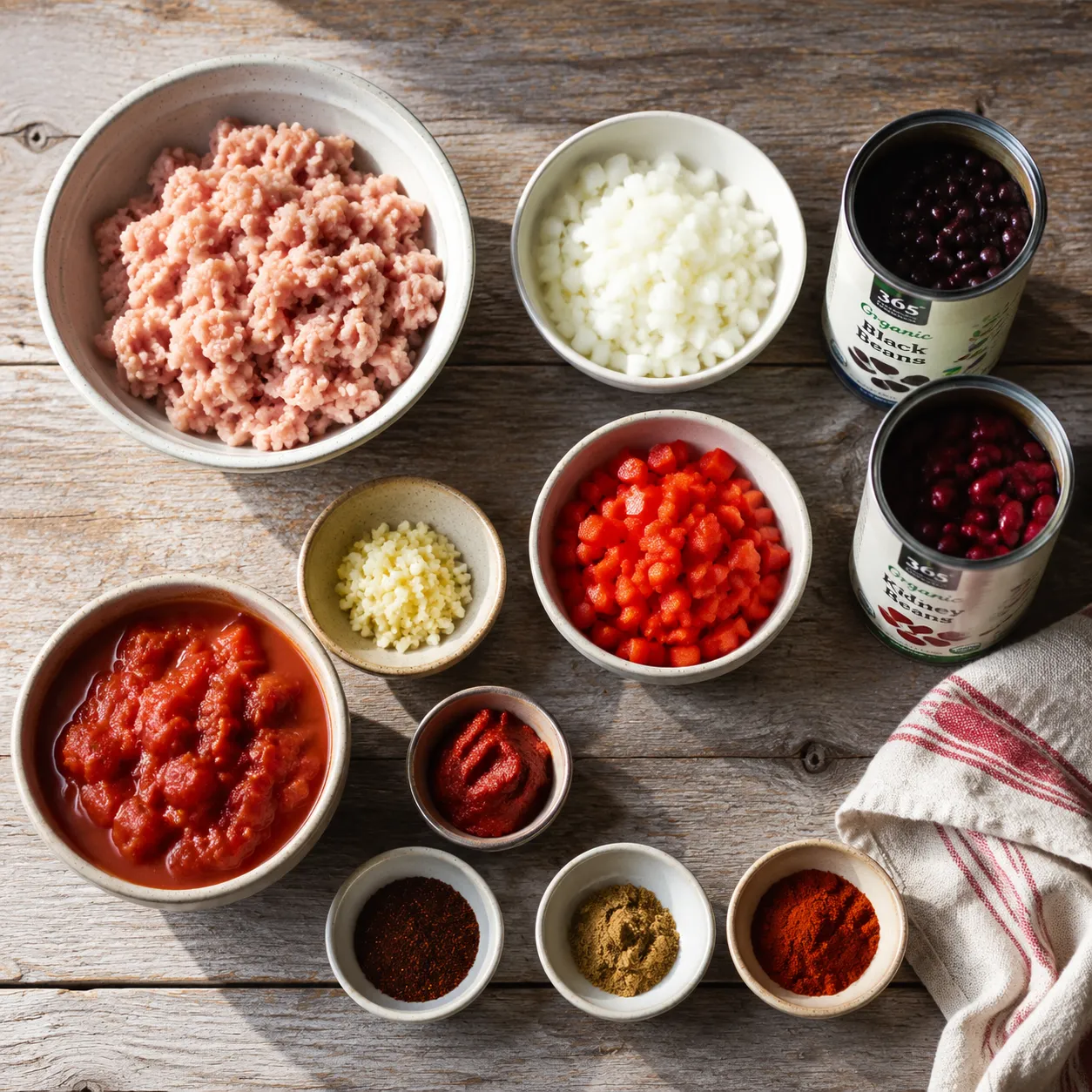 Ground turkey chili recipe ingredients laid out in bowls on a wooden board