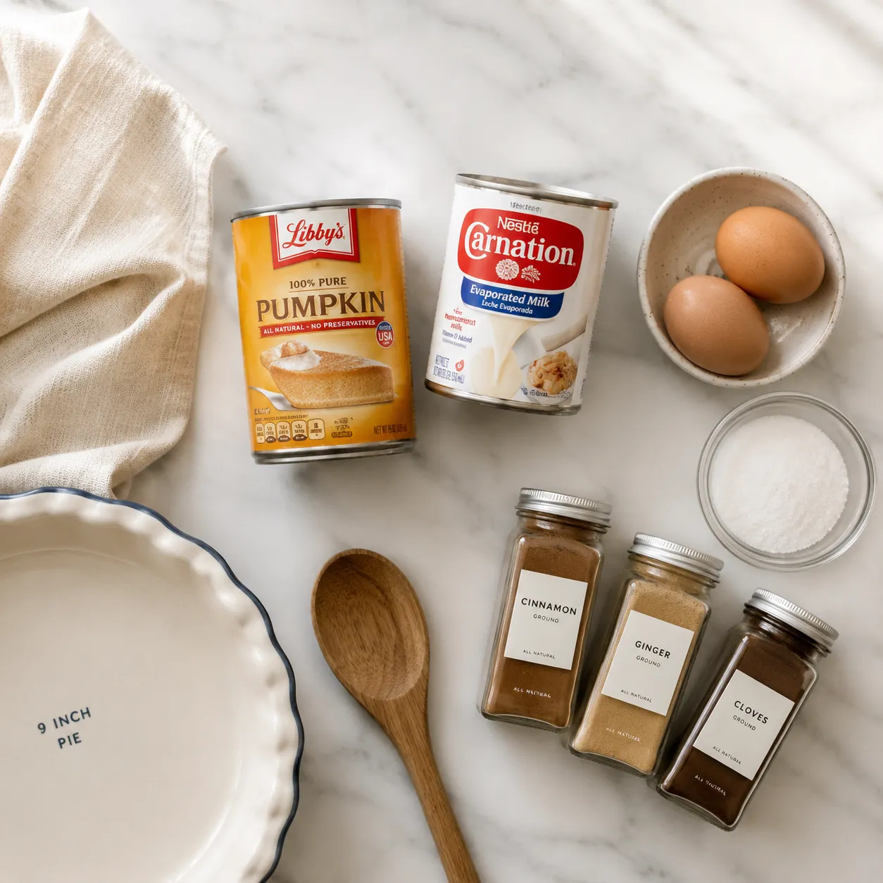 Libby's pumpkin pie recipe ingredients flatlay with canned pumpkin and spices