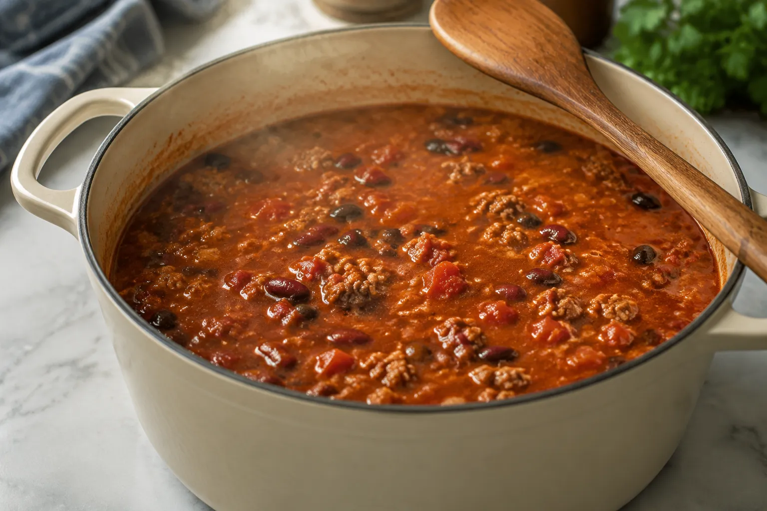 Turkey chili simmering with beans and fire-roasted tomatoes in a Dutch oven