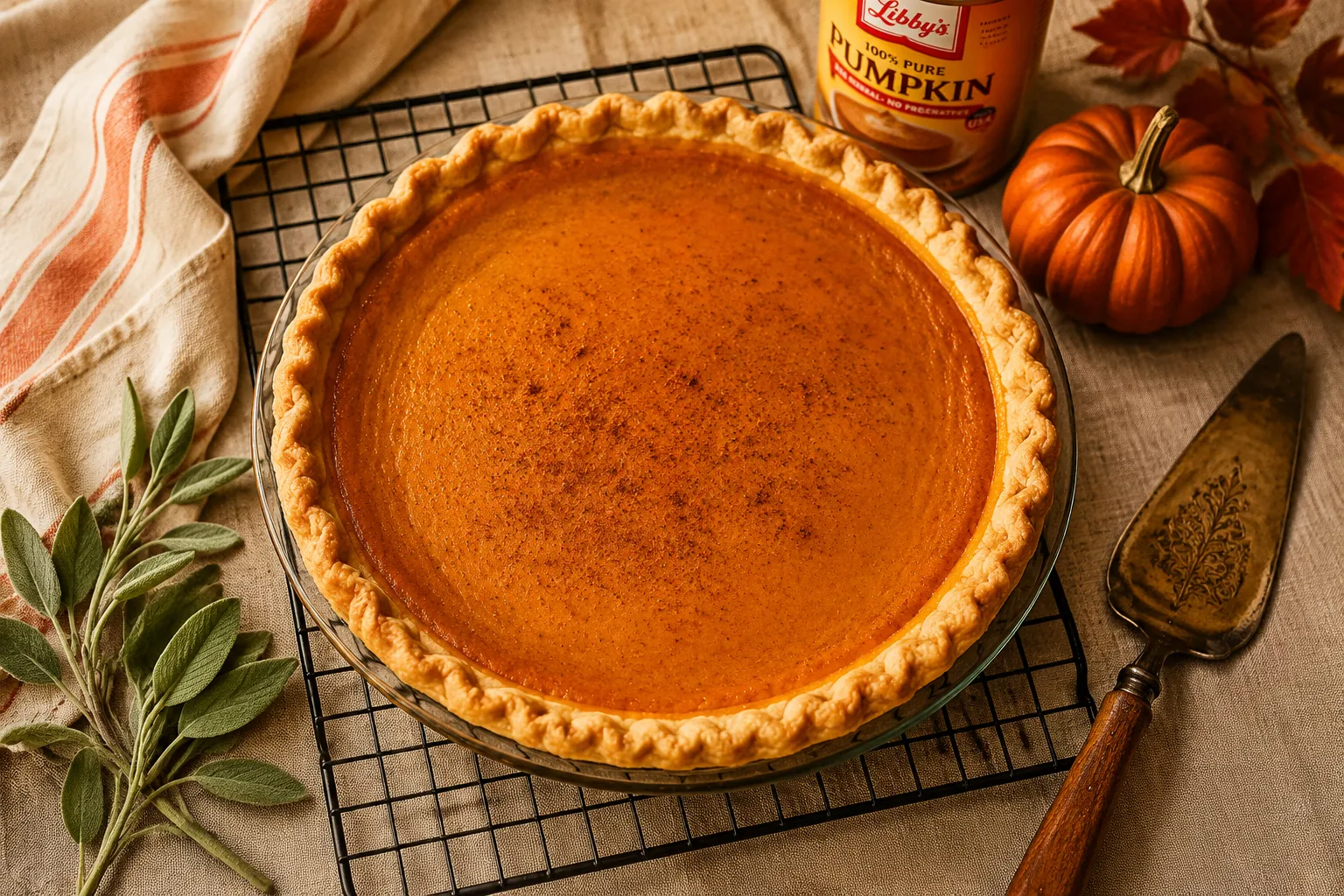 Freshly baked Libby's pumpkin pie cooling on a wire rack