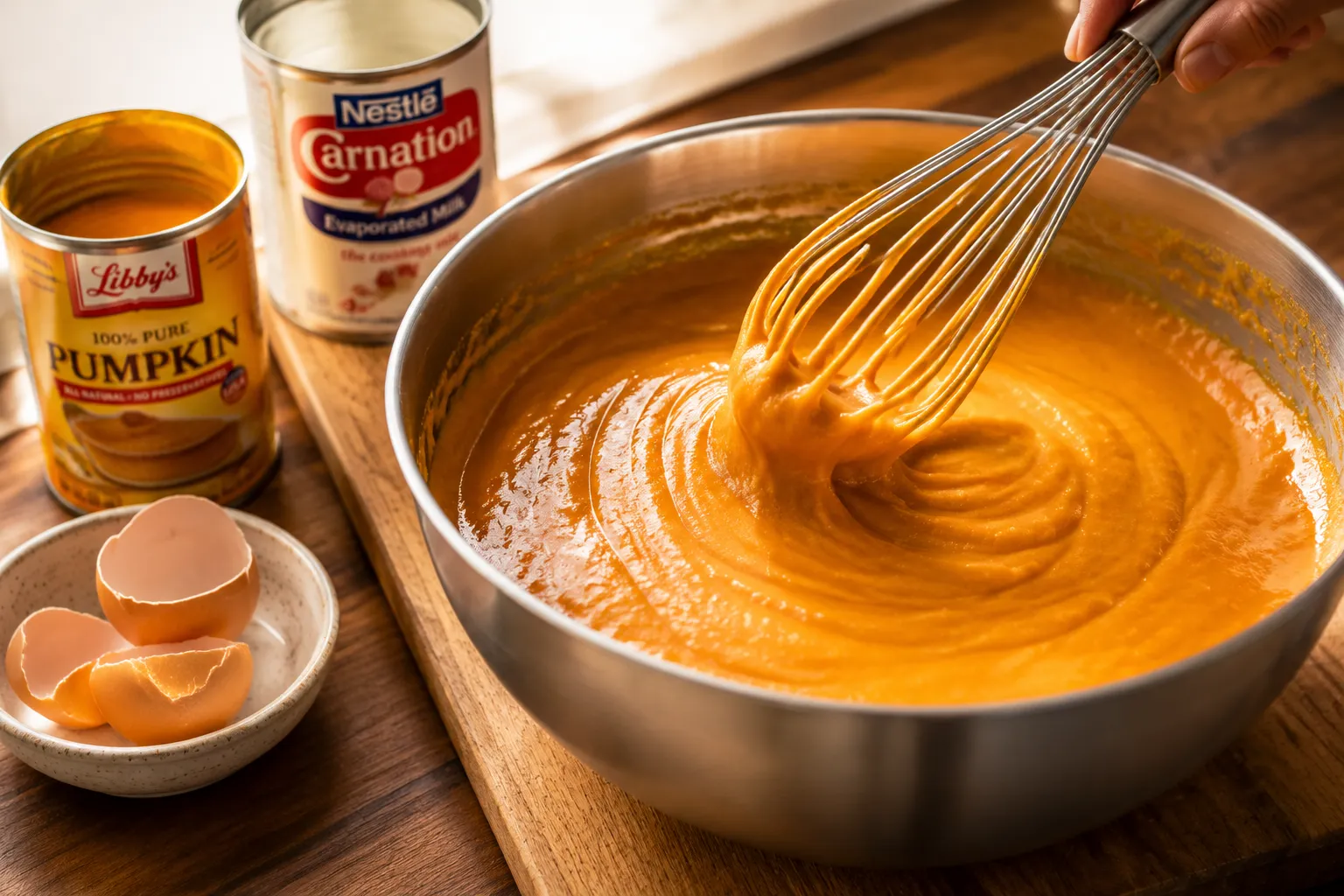 Whisking Libby pumpkin pie recipe filling in a mixing bowl