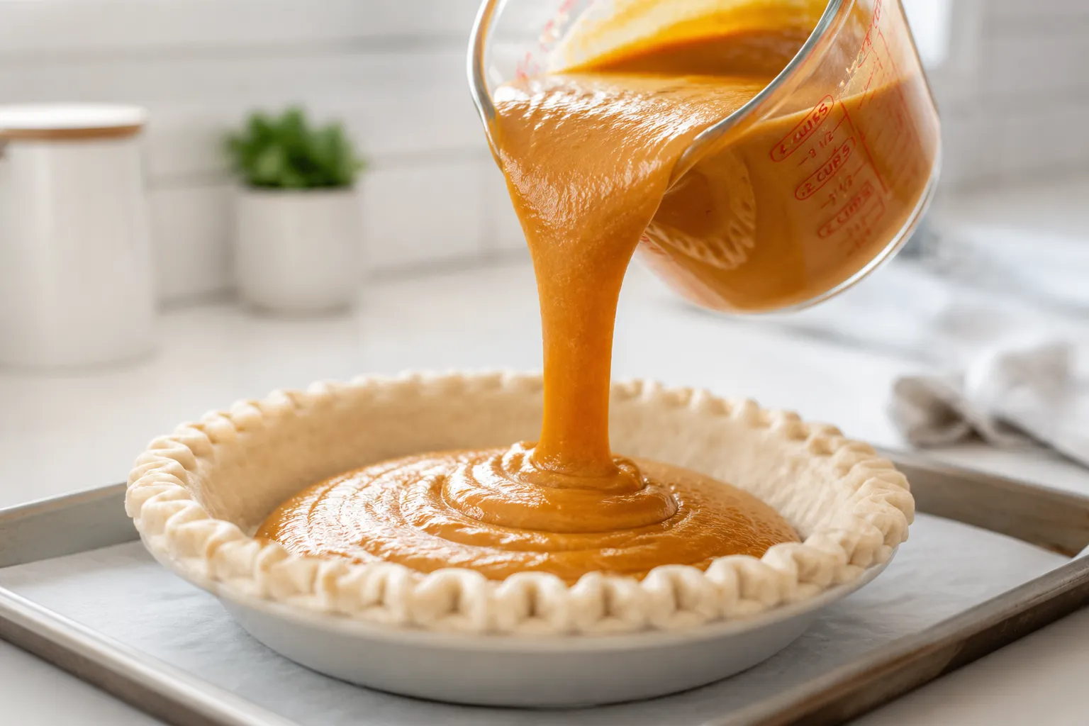 Pouring filling into crust for Libby's pumpkin pie