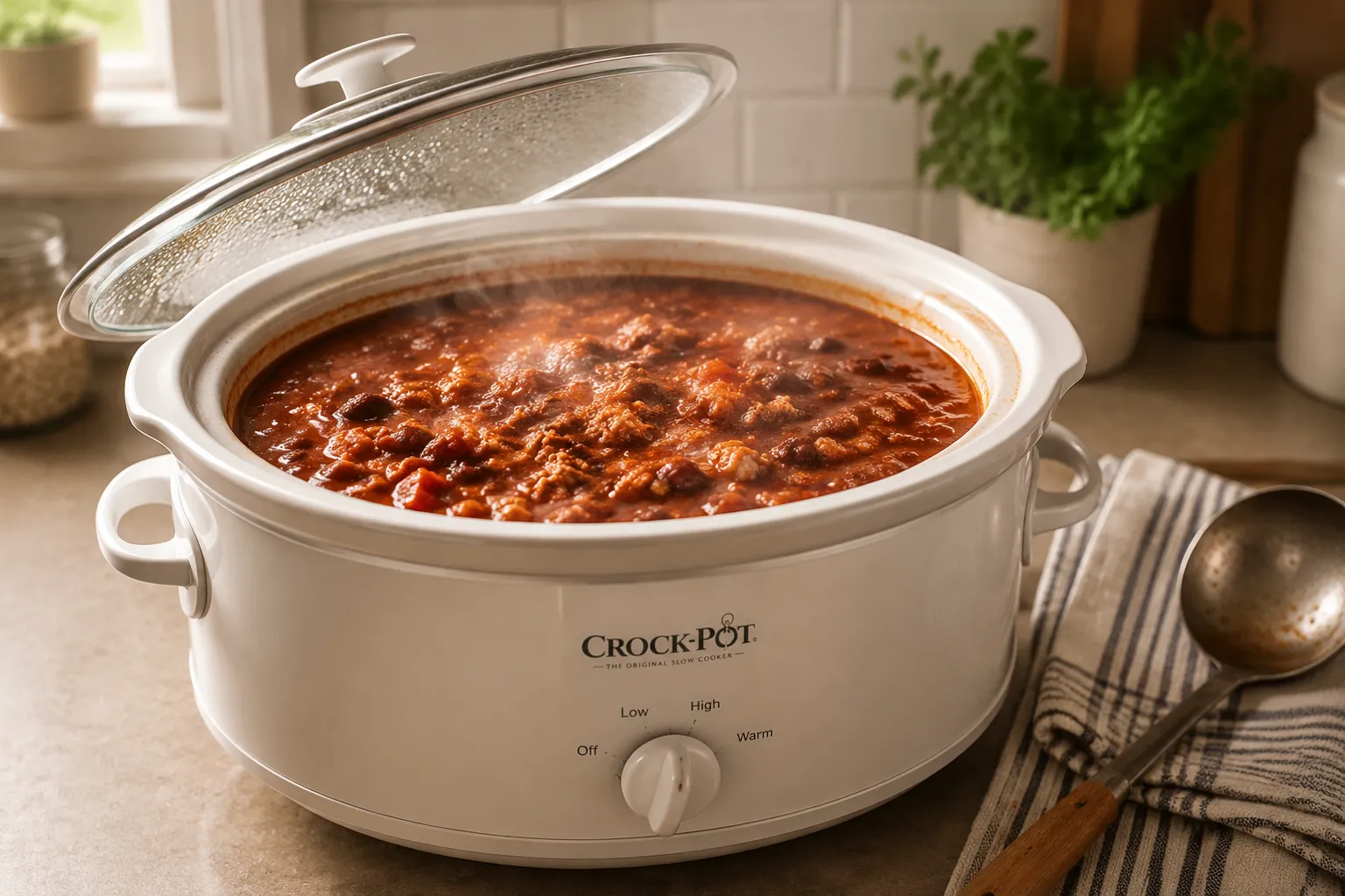 Slow cooker turkey chili bubbling inside a white crockpot