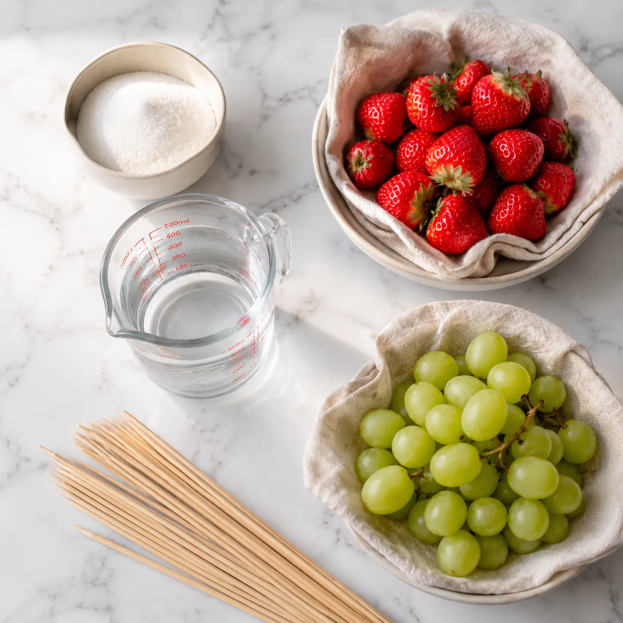 Tanghulu ingredients flatlay with sugar, water, strawberries and skewers