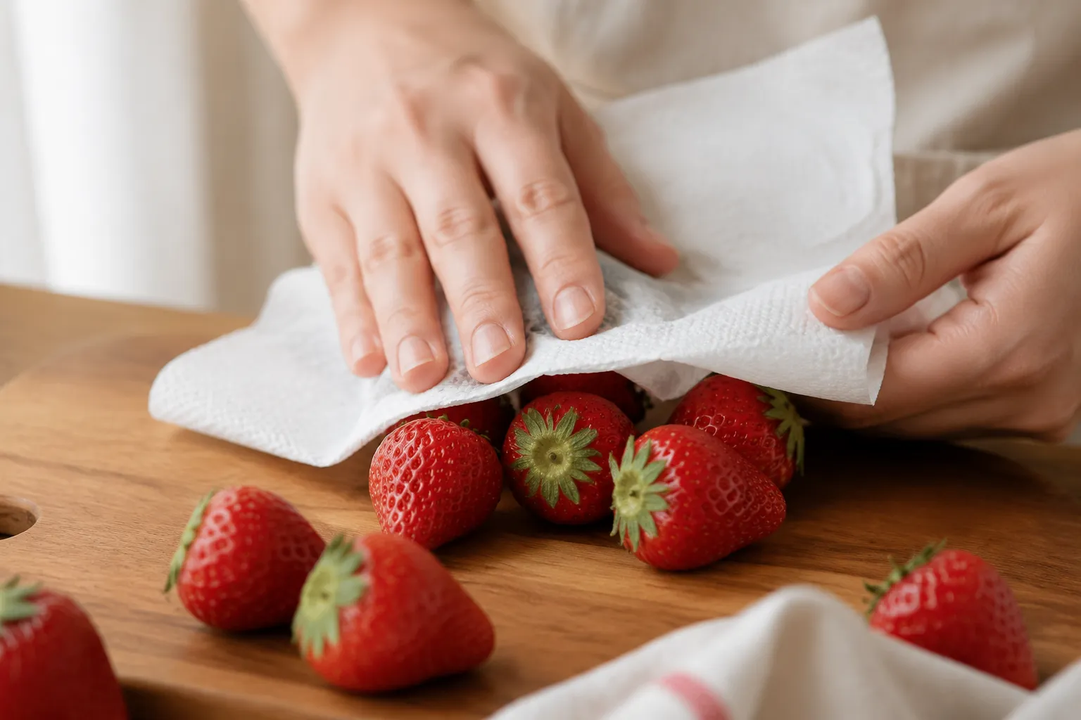 Drying strawberries with paper towel before making tanghulu