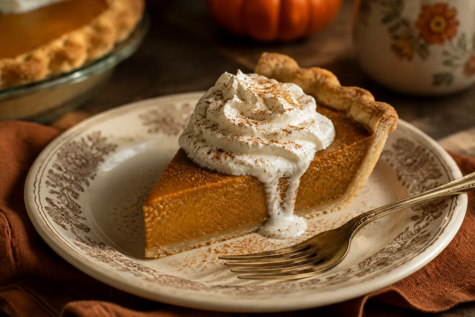 Slice of Libby's pumpkin pie with whipped cream served on a plate