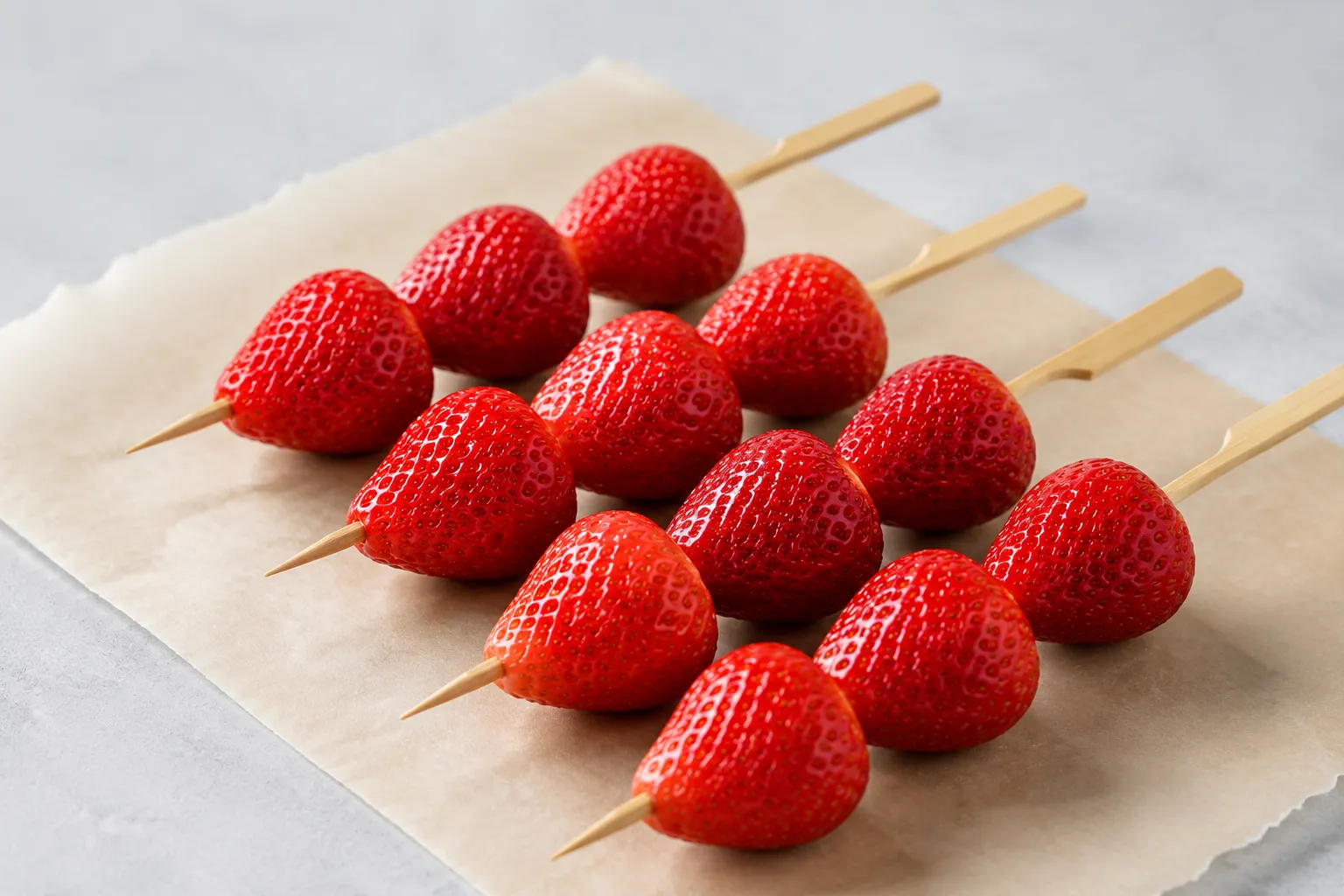 Threading strawberries onto bamboo skewers for tanghulu
