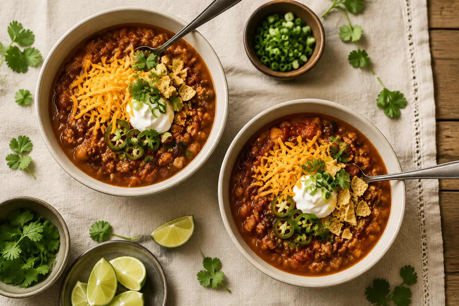 Two bowls of turkey chili recipe topped with cheddar, sour cream, and jalapeños