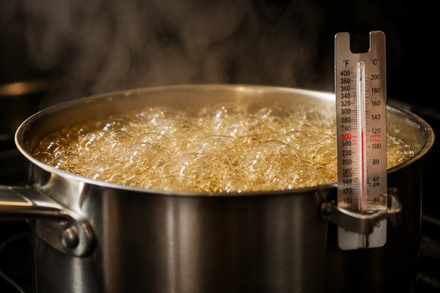 Sugar syrup at hard crack stage 300F for tanghulu