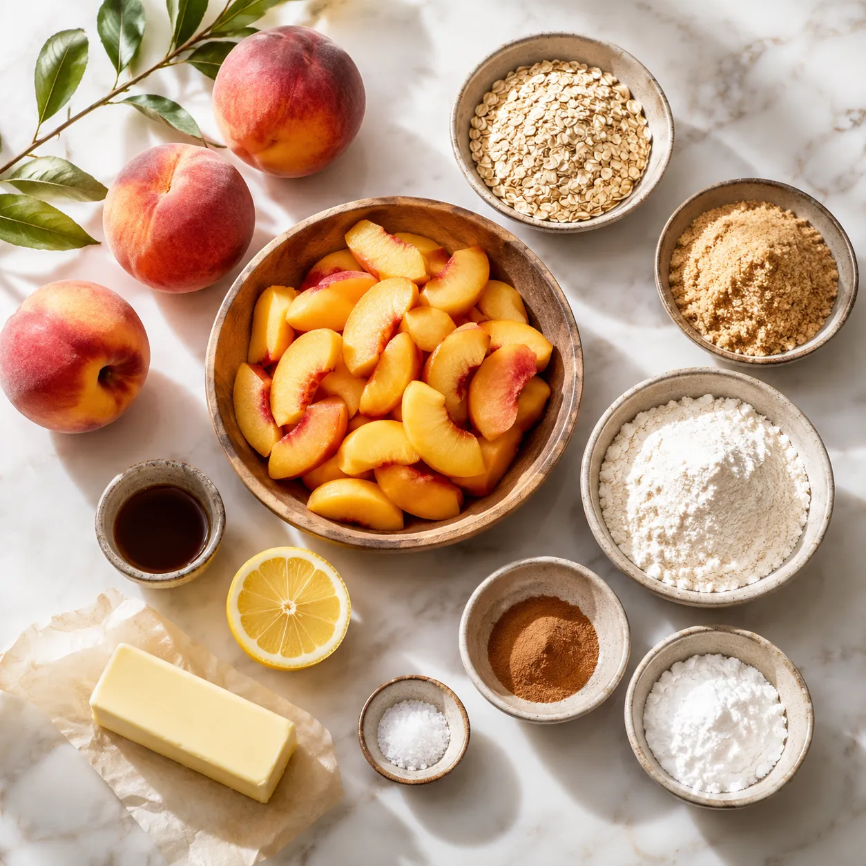 Peach crisp ingredients flatlay with fresh peaches, oats, brown sugar, and butter