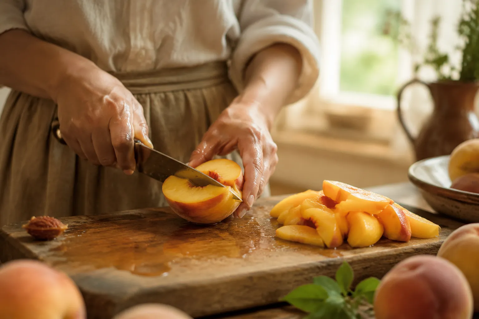 Slicing fresh ripe peaches for peach crisp recipe
