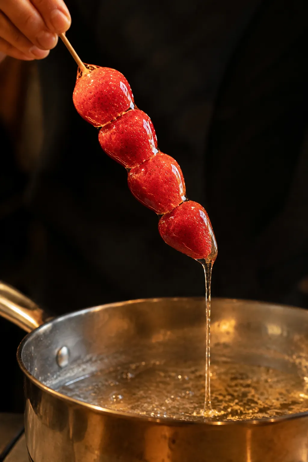 Dipping strawberry skewer in hot sugar syrup to make tanghulu