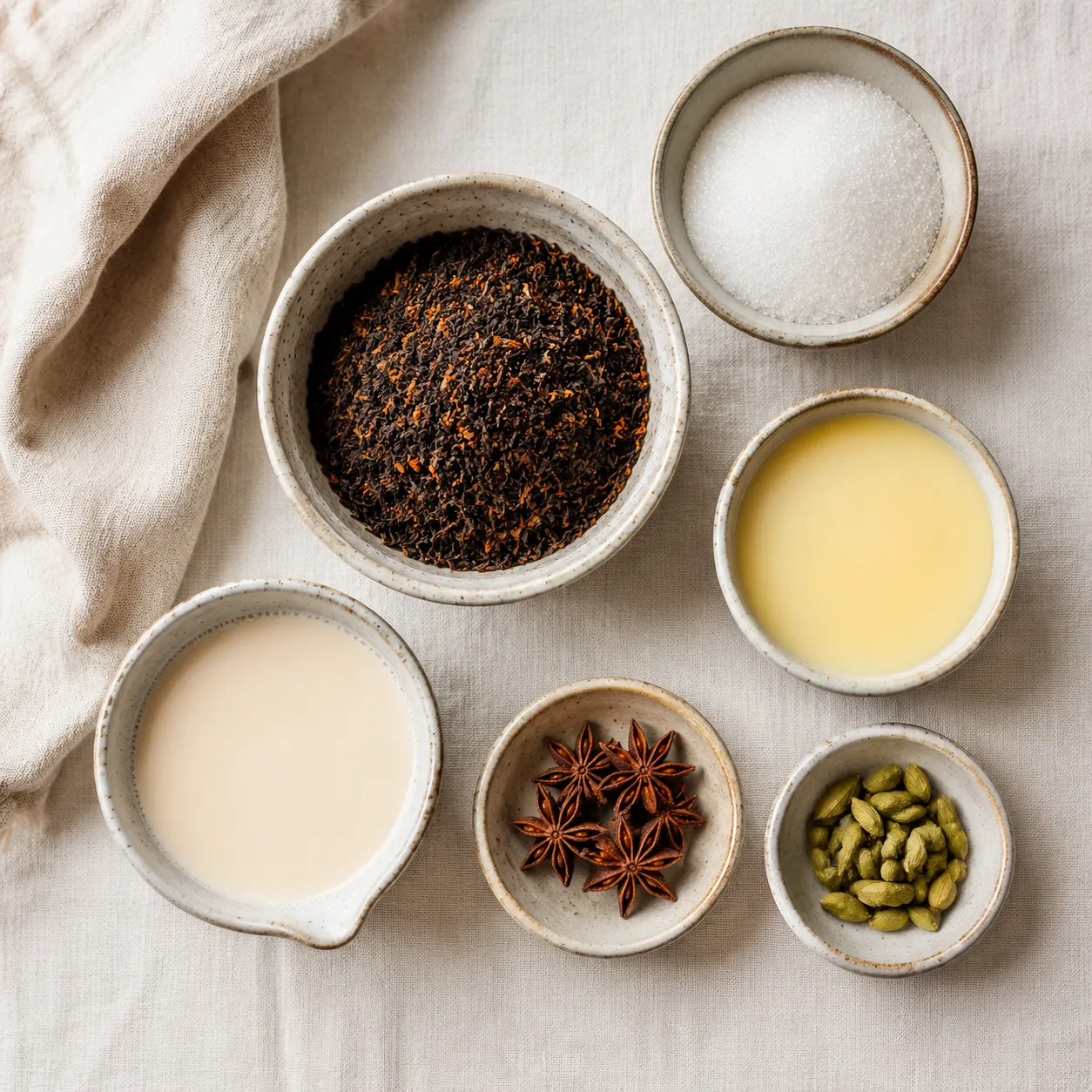 Thai iced tea recipe ingredients flatlay with tea mix, sugar, and condensed milk
