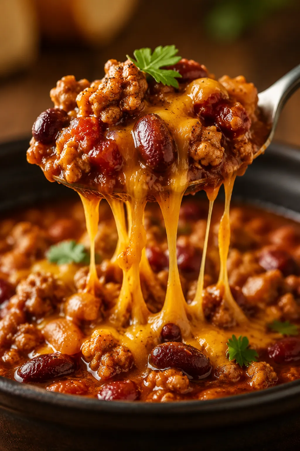 Spoonful of ground turkey chili with melted cheese pulling into strings