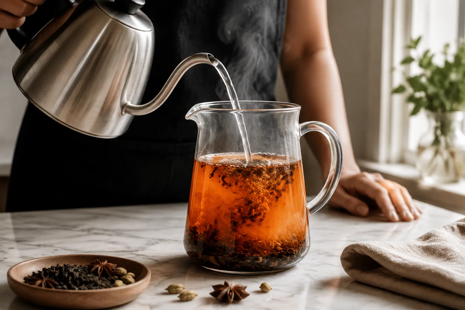 Steeping Thai tea leaves and spices in hot water for homemade Thai tea