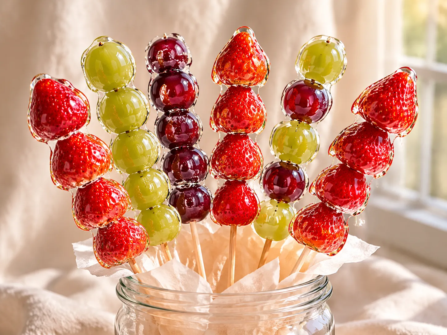 Finished tanghulu fruit skewers with glassy sugar shell in a jar