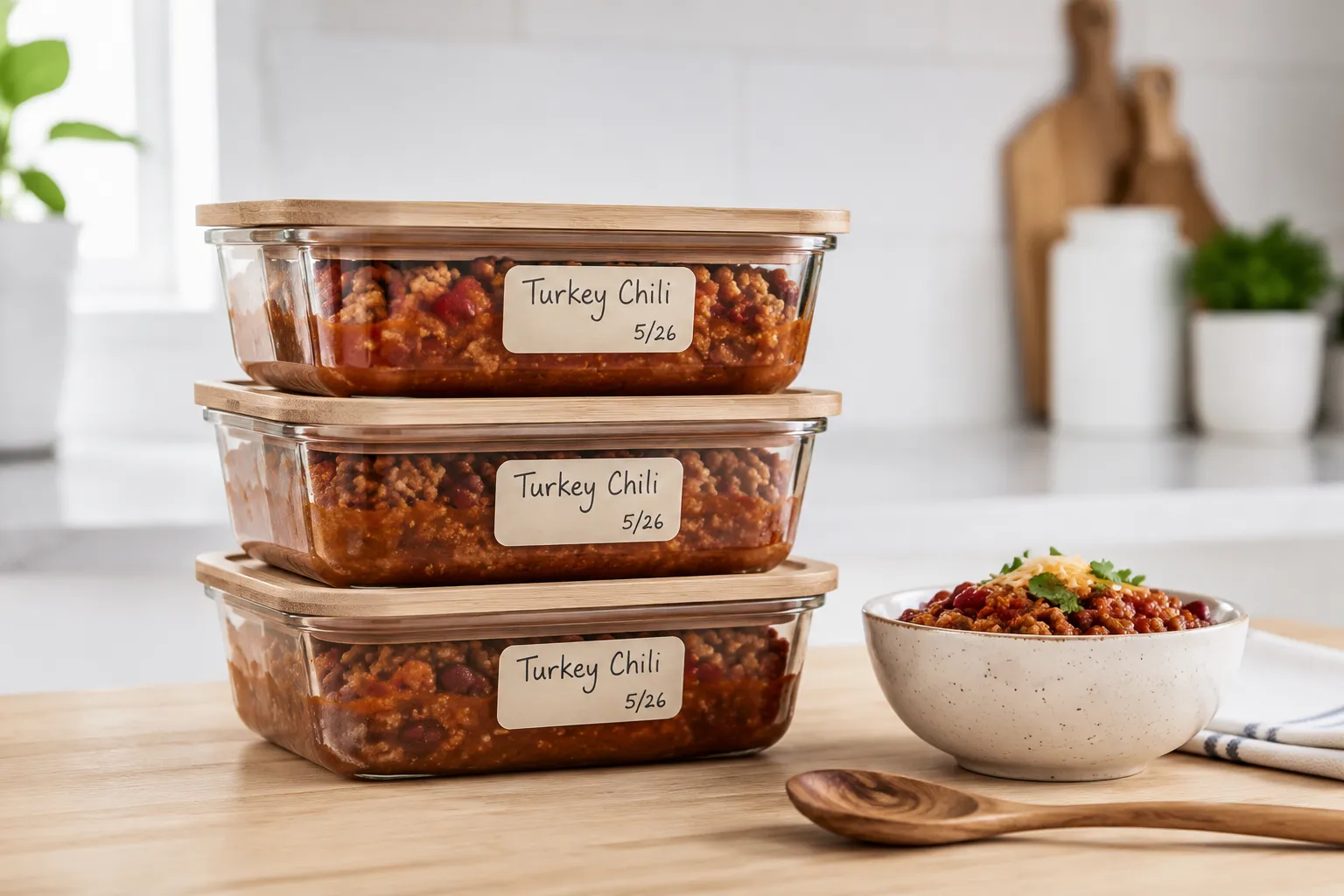 Turkey chili stored in glass meal prep containers for the fridge and freezer