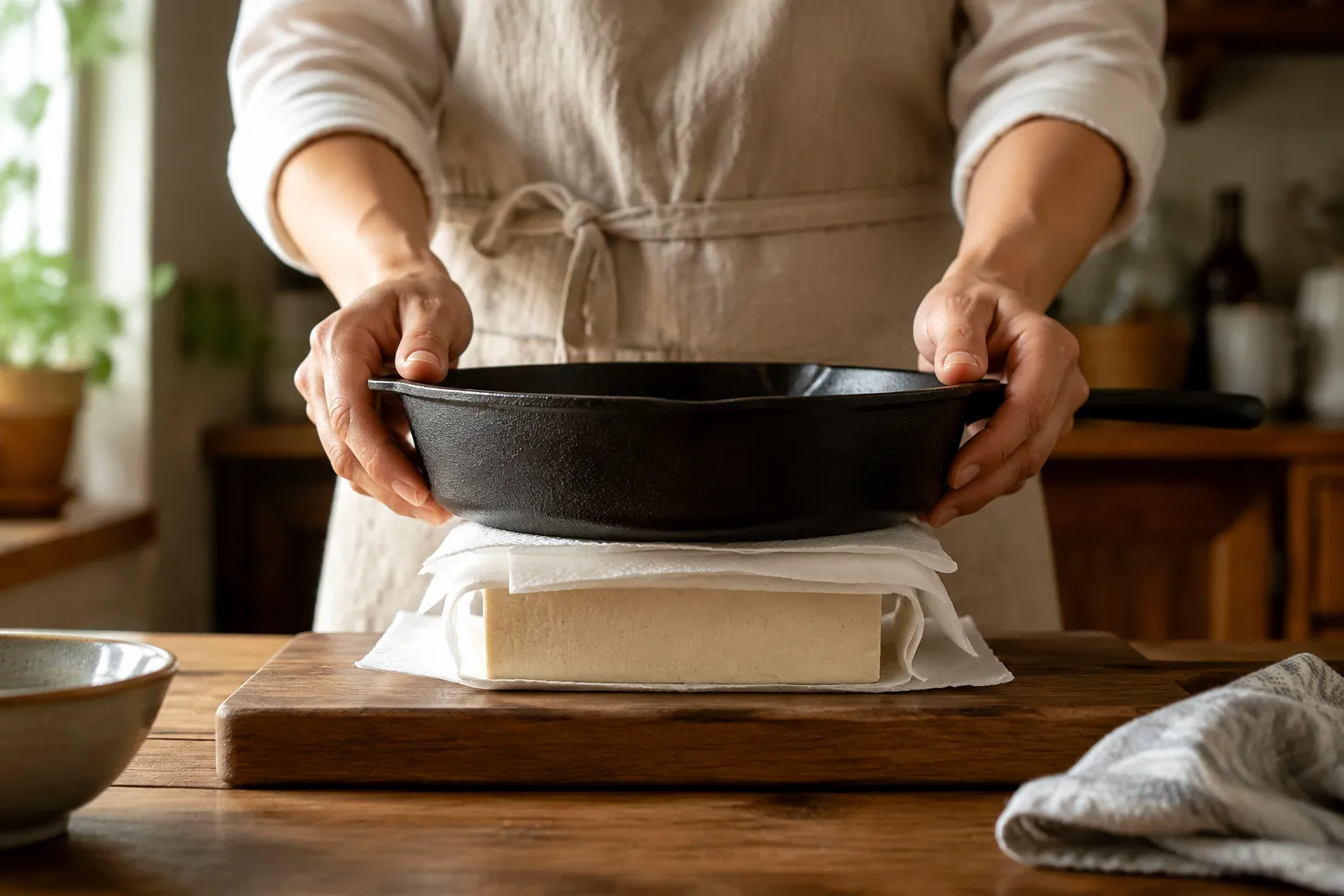 How to prepare tofu by pressing a block under a cast iron skillet to remove water