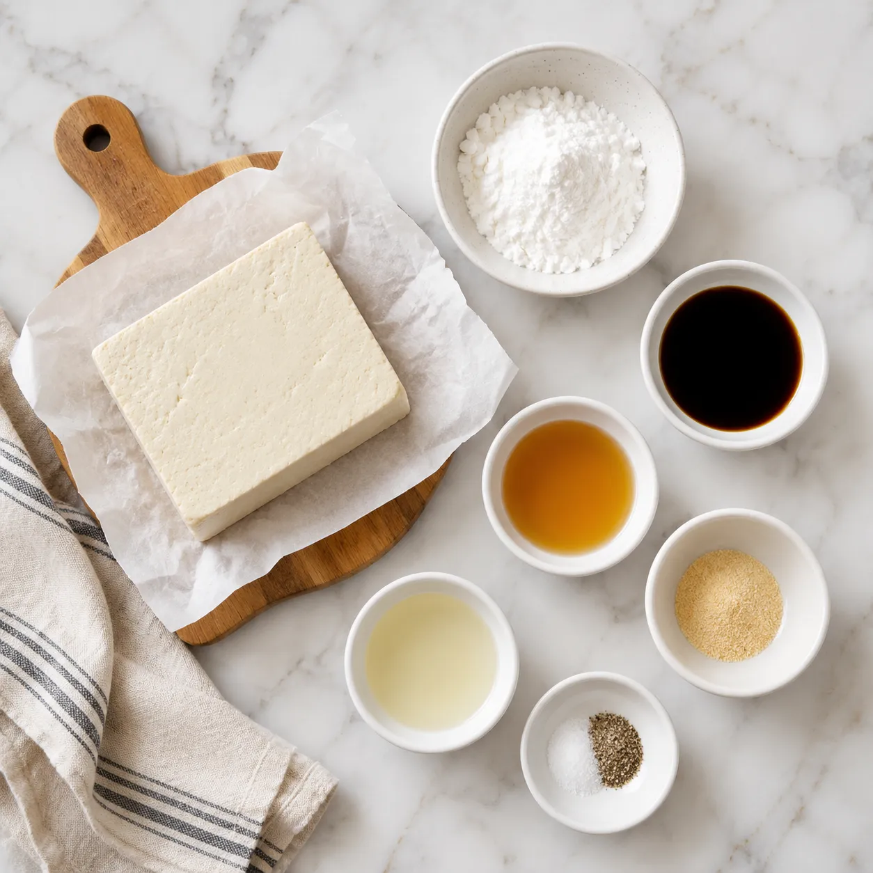Ingredients flatlay for how to cook tofu including extra-firm tofu cornstarch and soy sauce
