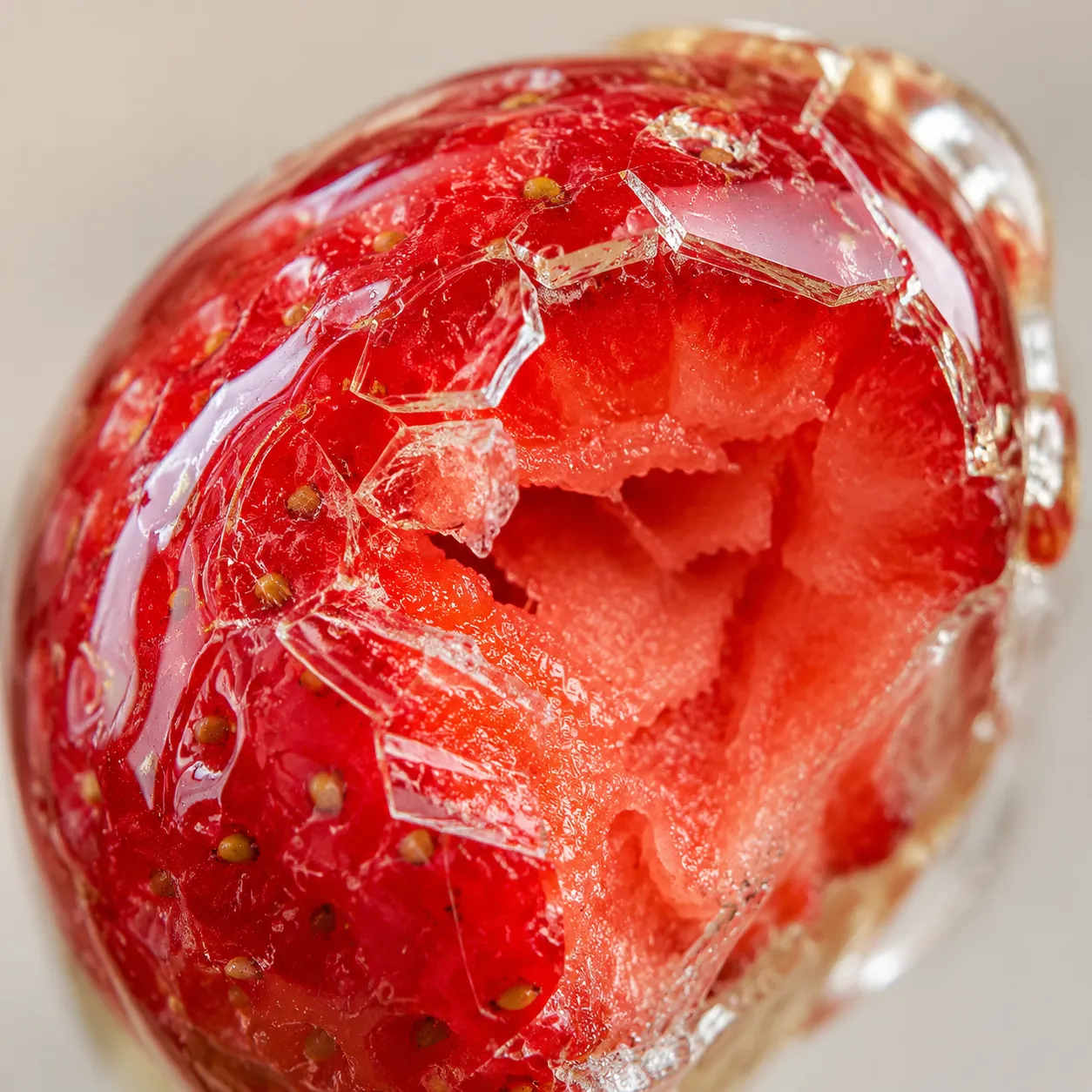 Macro close-up of cracked tanghulu sugar shell on a strawberry
