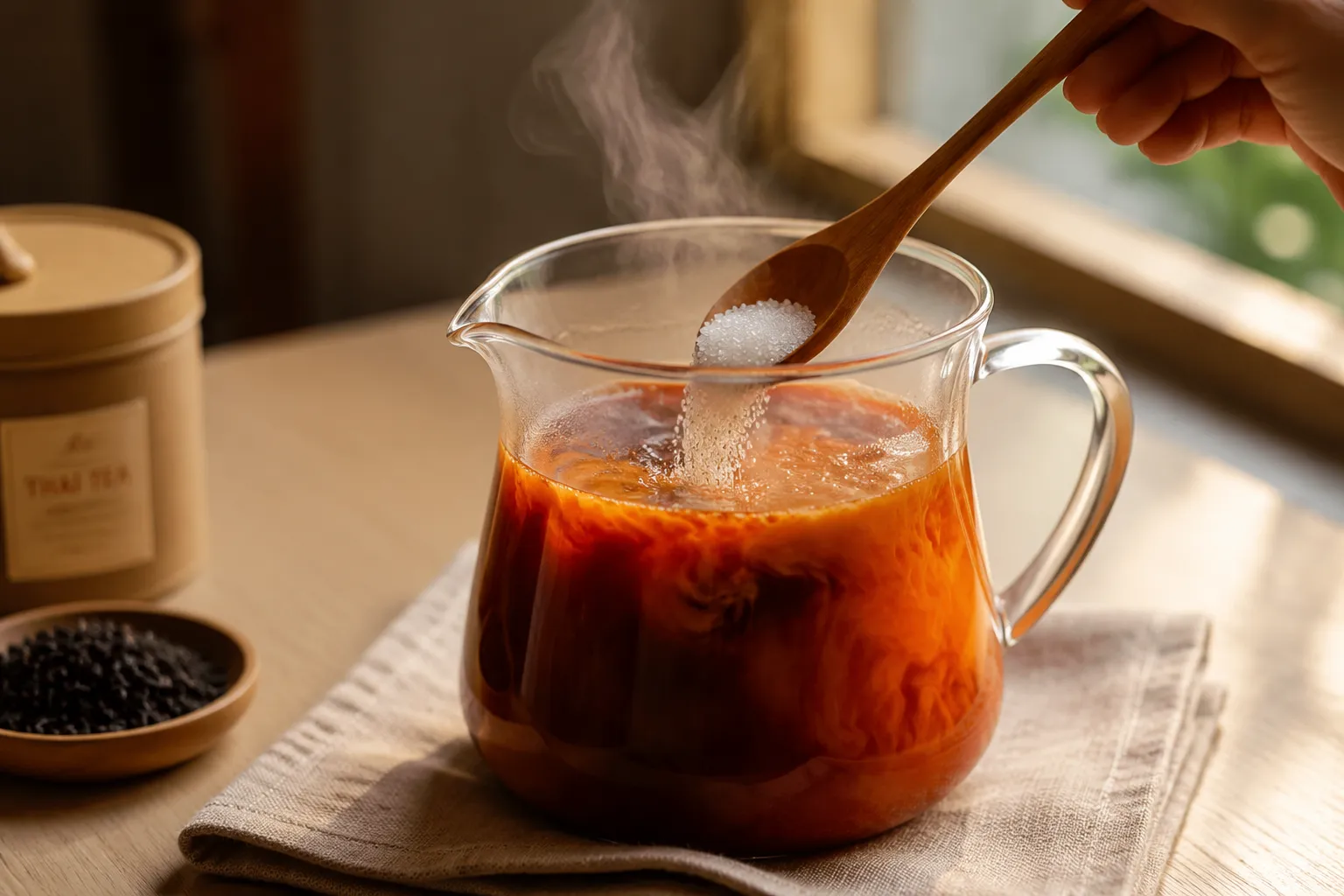 Stirring sugar into freshly brewed Thai tea base