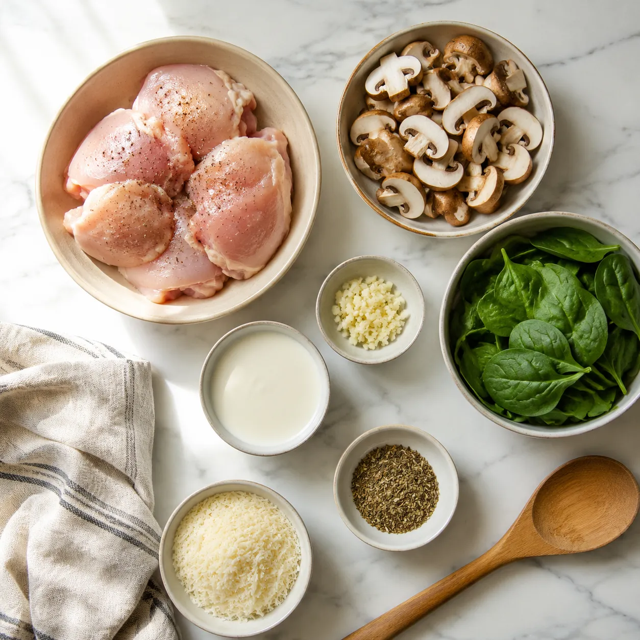 Ingredients for healthy crockpot recipes laid out overhead on marble
