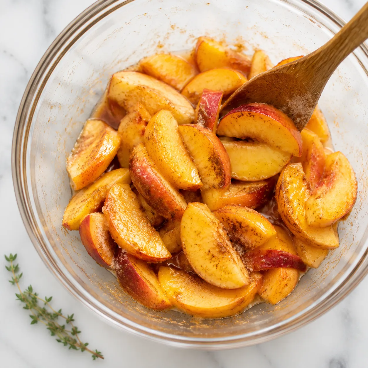 Peach filling for peach crisp tossed with sugar and cinnamon in a glass bowl