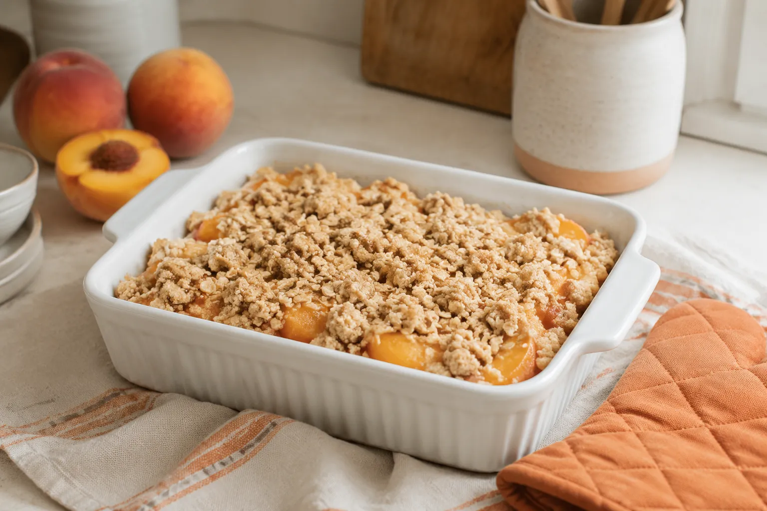 Assembled peach crisp ready to bake with oat streusel topping