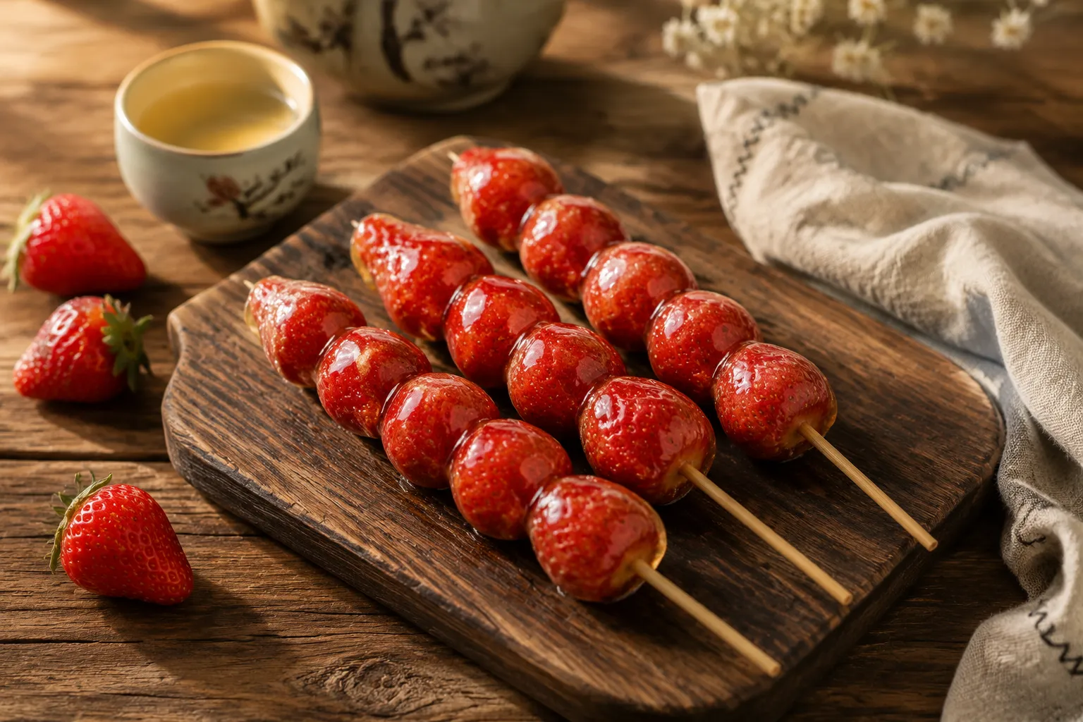 Tanghulu served on wooden board with tea for a Chinese street snack