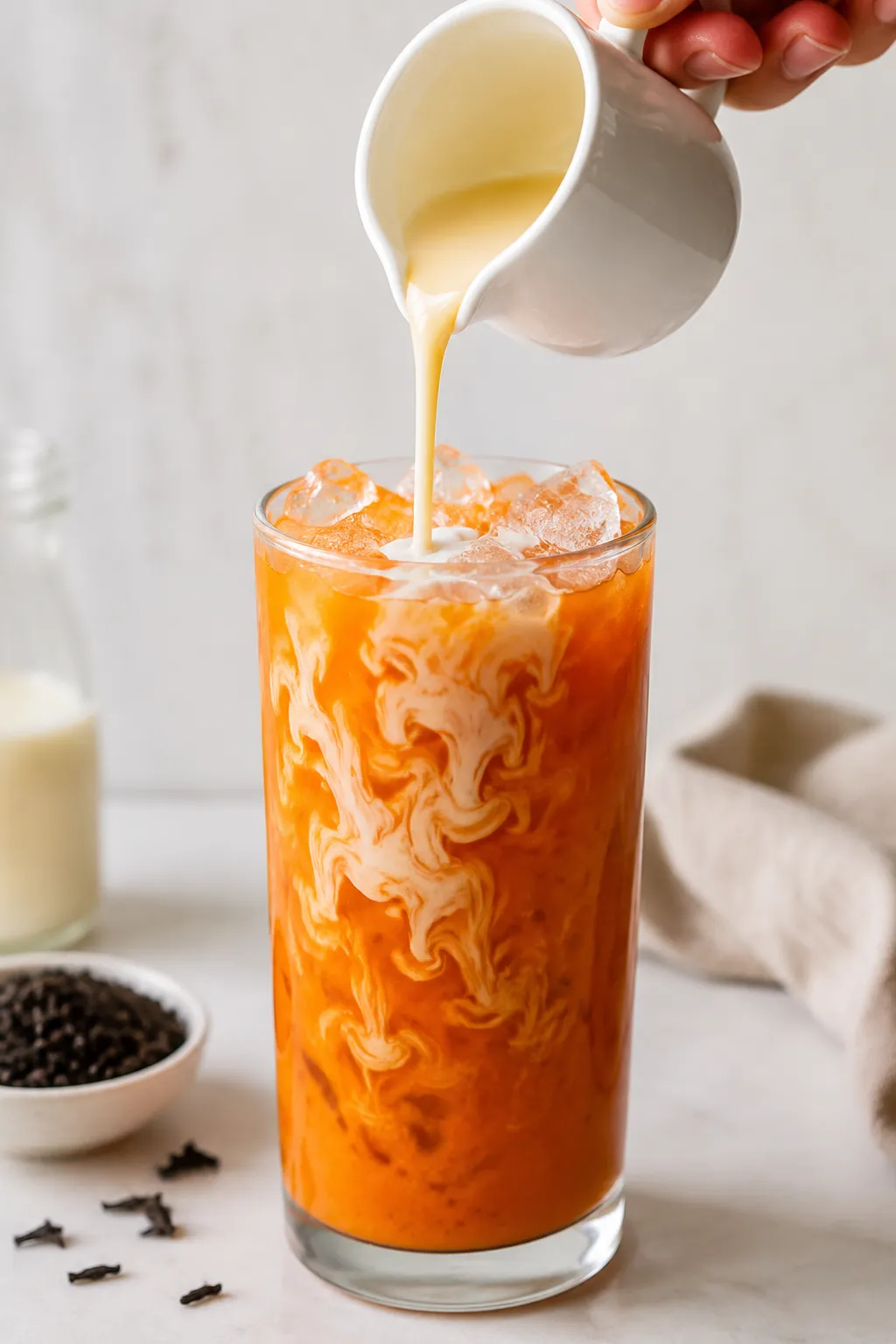 Pouring cream into Thai iced tea to create the signature swirl
